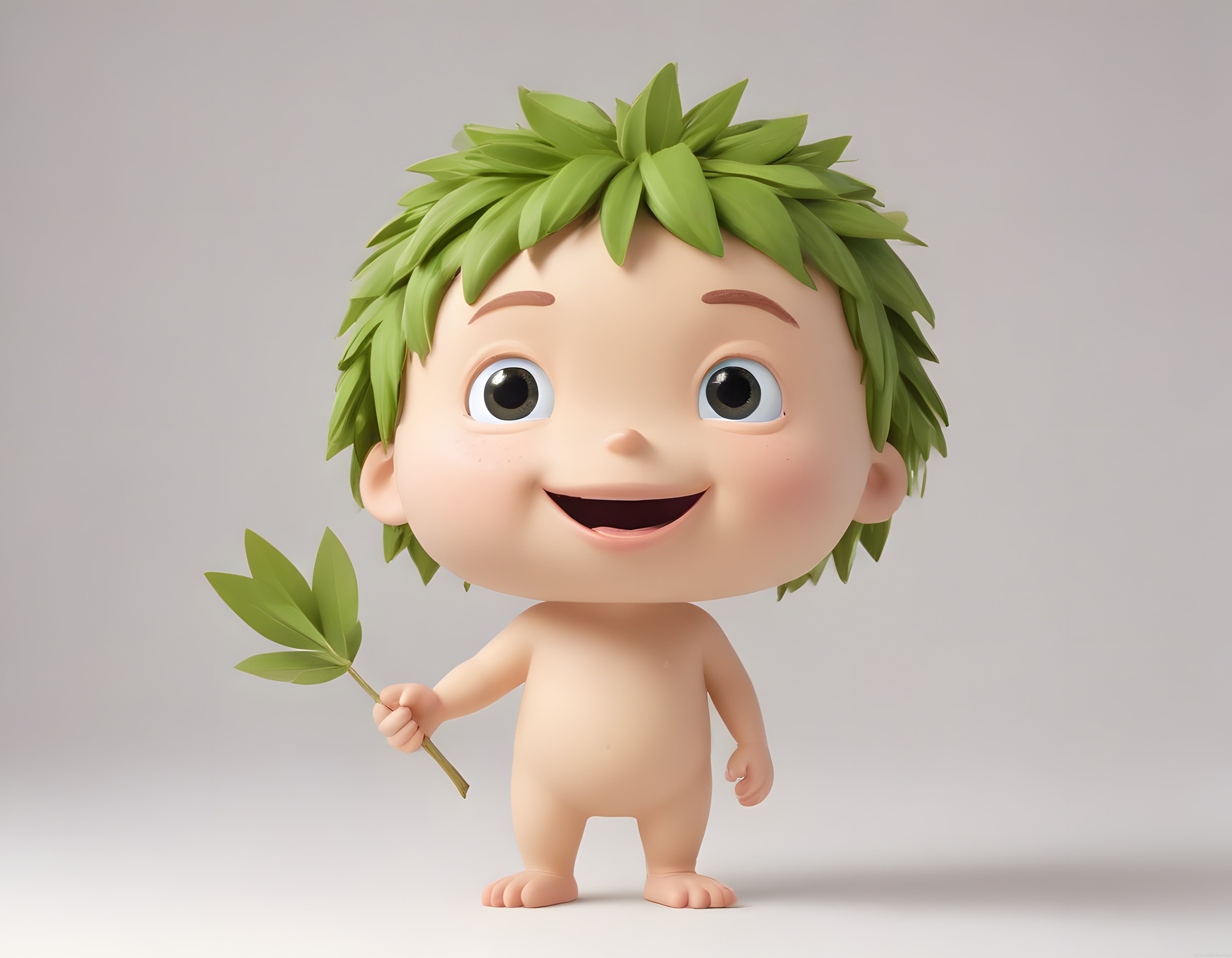 Masalsı 3D Animasyon Bebeği Yaprak Saçlarıyla Gülümsüyor ve Dal Tutuyor