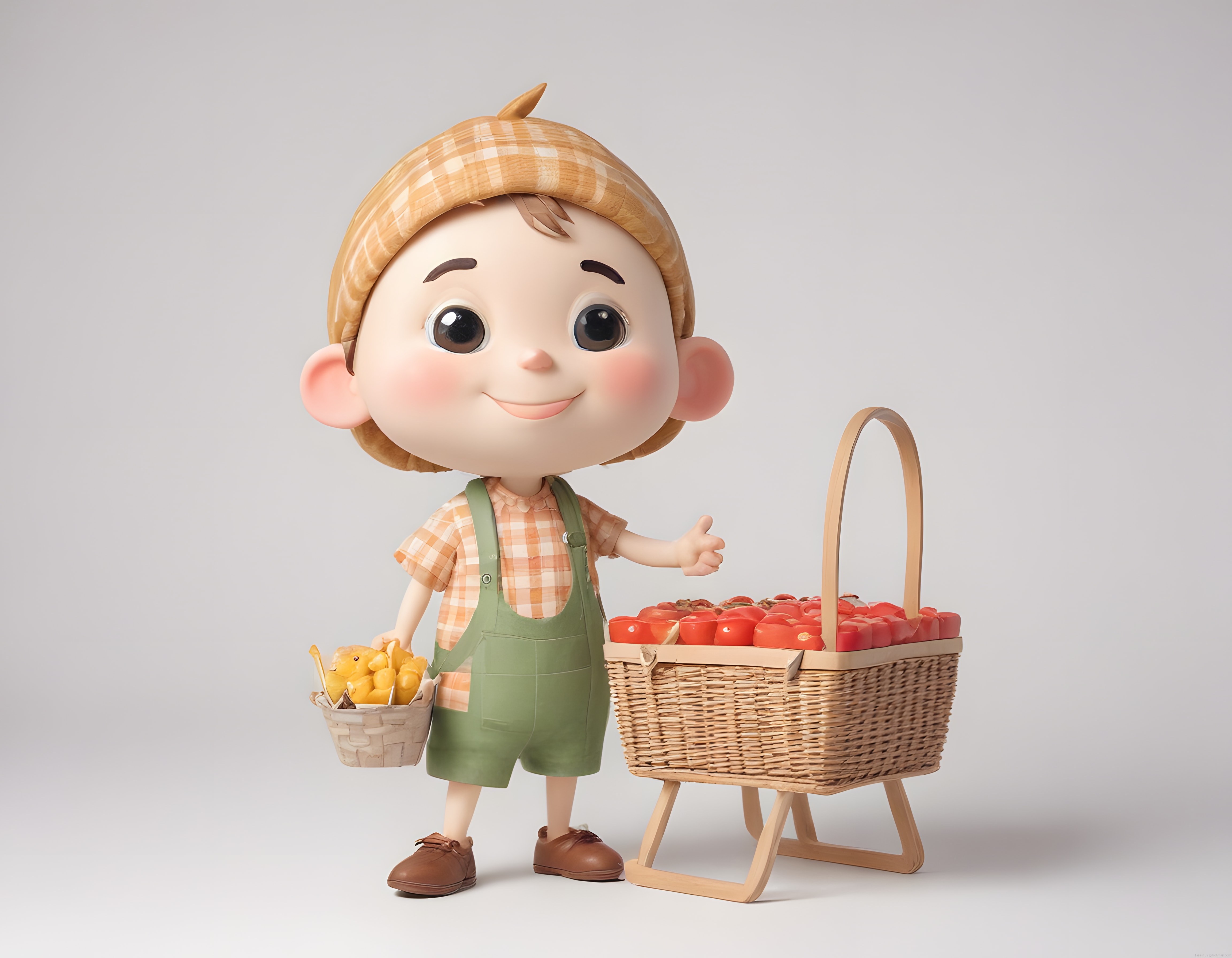 Masalsı 3D Animasyon Çocuğu ve Doğal Meyvelerle Dolu Hasır Sepetler