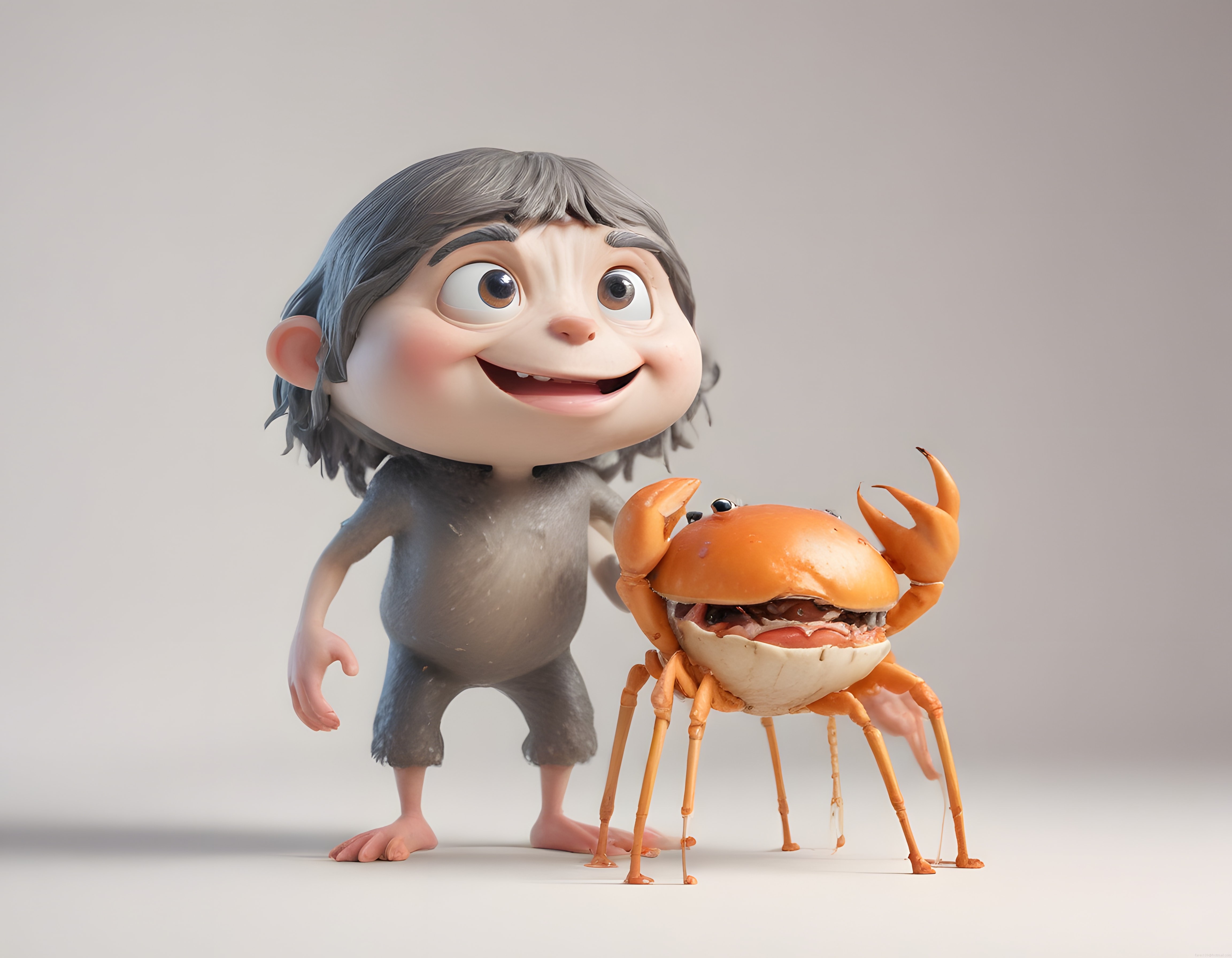 Masalsı 3D animasyon dünyasından sevimli bir çocuk ve onun devasa turuncu yengeç dostu