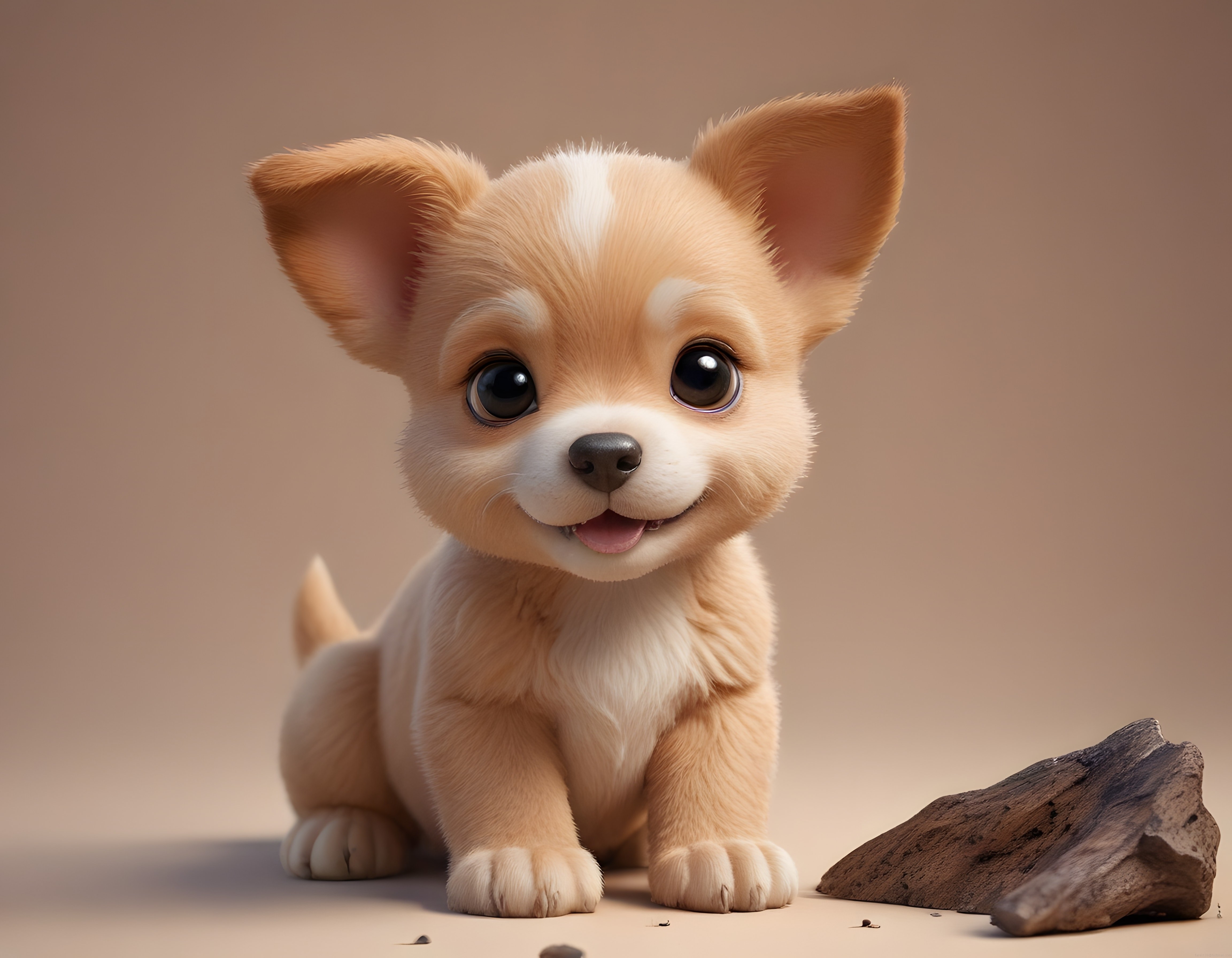 Masalsı 3D Animasyon Tarzında Büyük Kulaklı ve Büyük Gözlü Sevimli Köpek Yavrusu