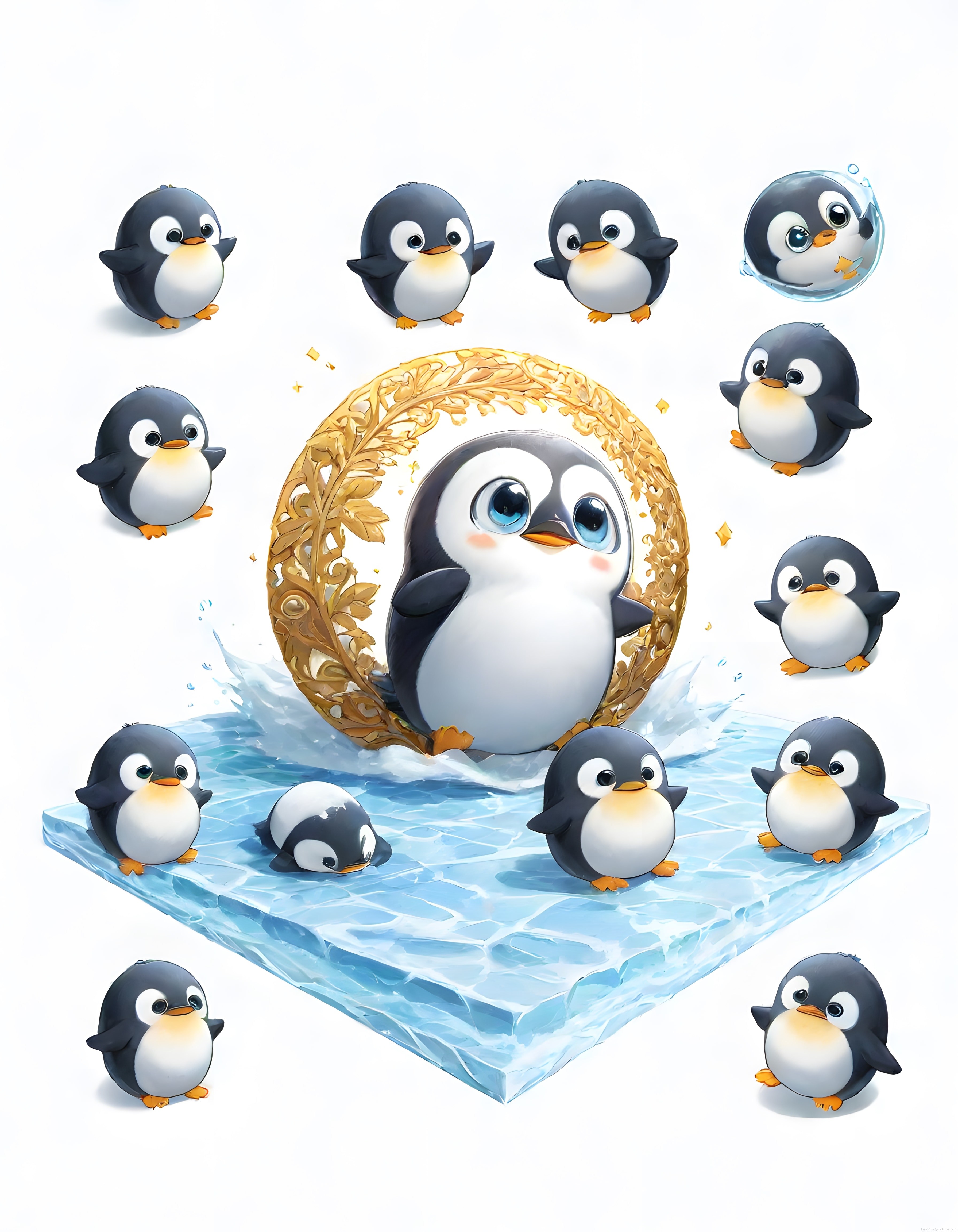 Masalsı Altın Çerçevede Sevimli Bebek Penguenler ve Buzul Üzerinde Dans