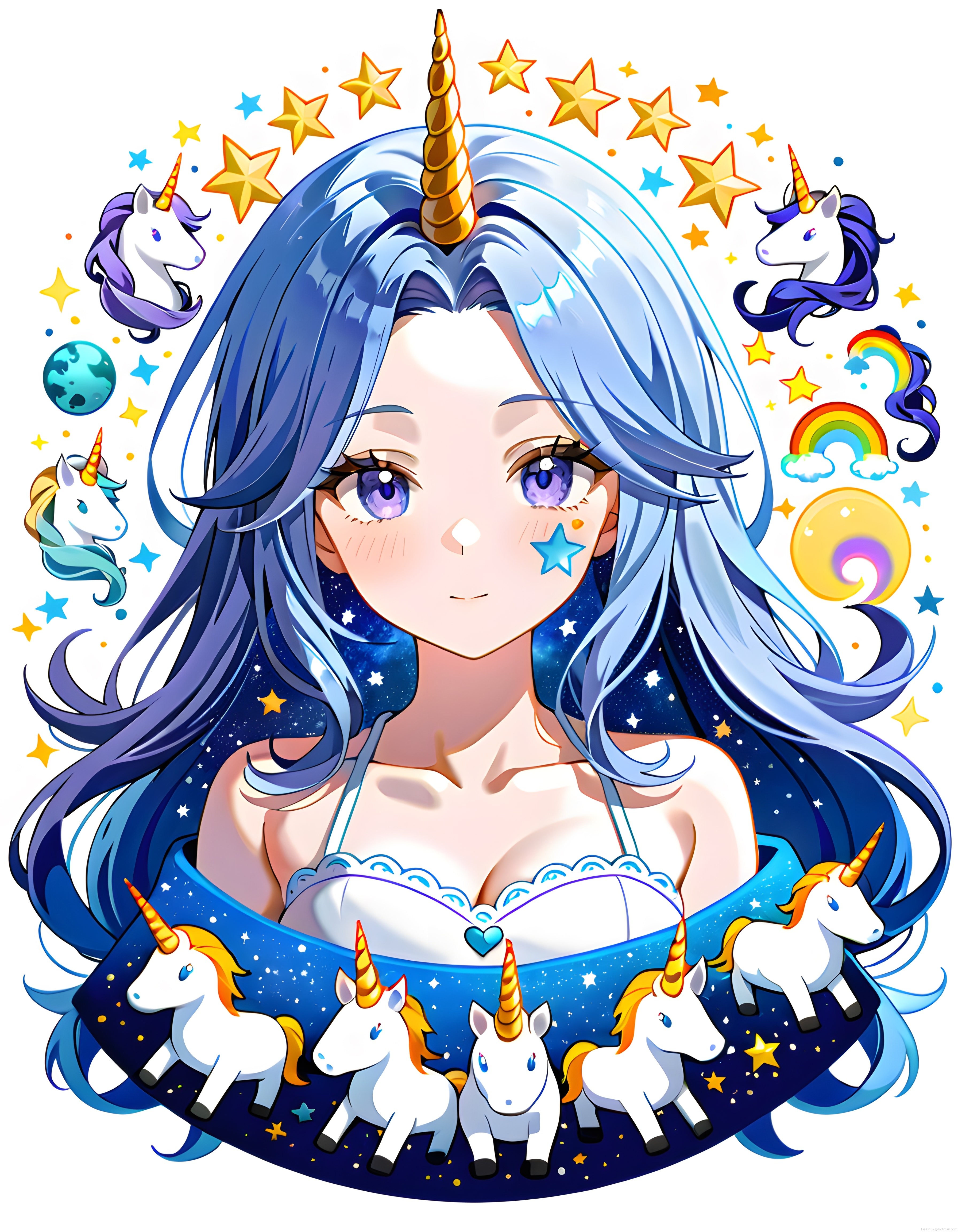 Masalsı anime unicorn kız illüstrasyonu mavi saçlar ve yıldızlarla