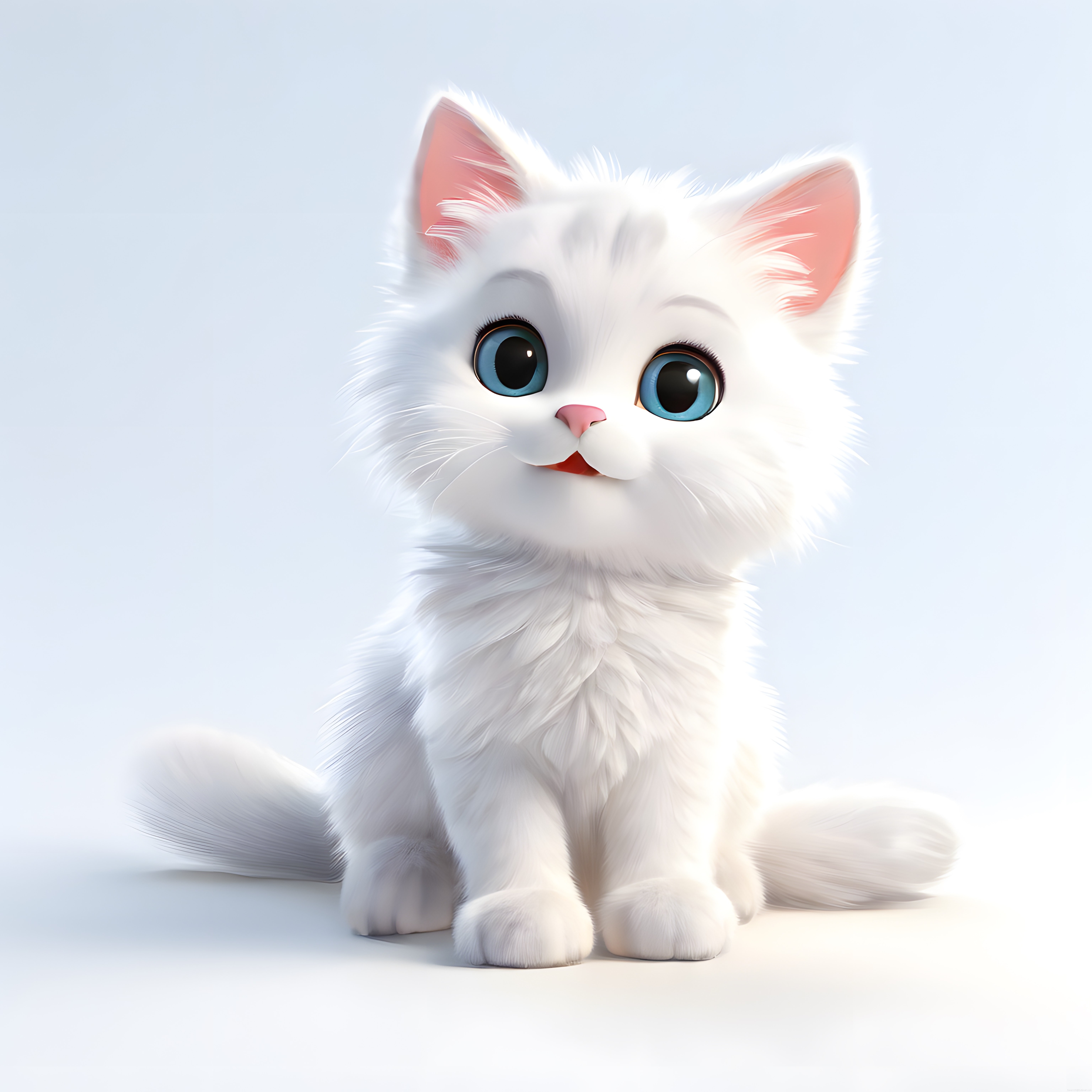 Masalsı beyaz kedi yavrusu büyük mavi gözlerle 3d animasyon karakteri