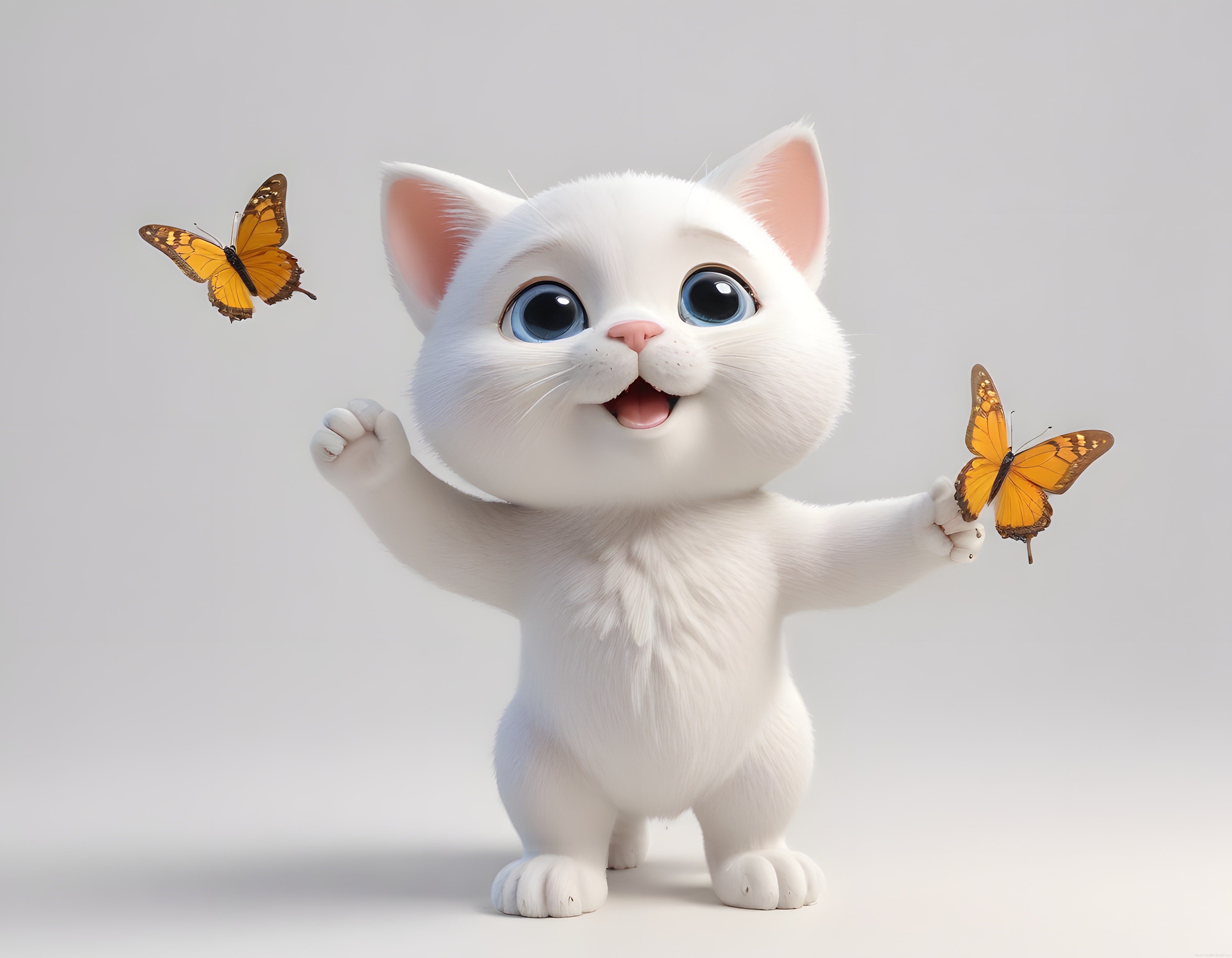 Masalsı Beyaz Yavru Kedi ve Turuncu Kelebeklerle Neşeli Bir An