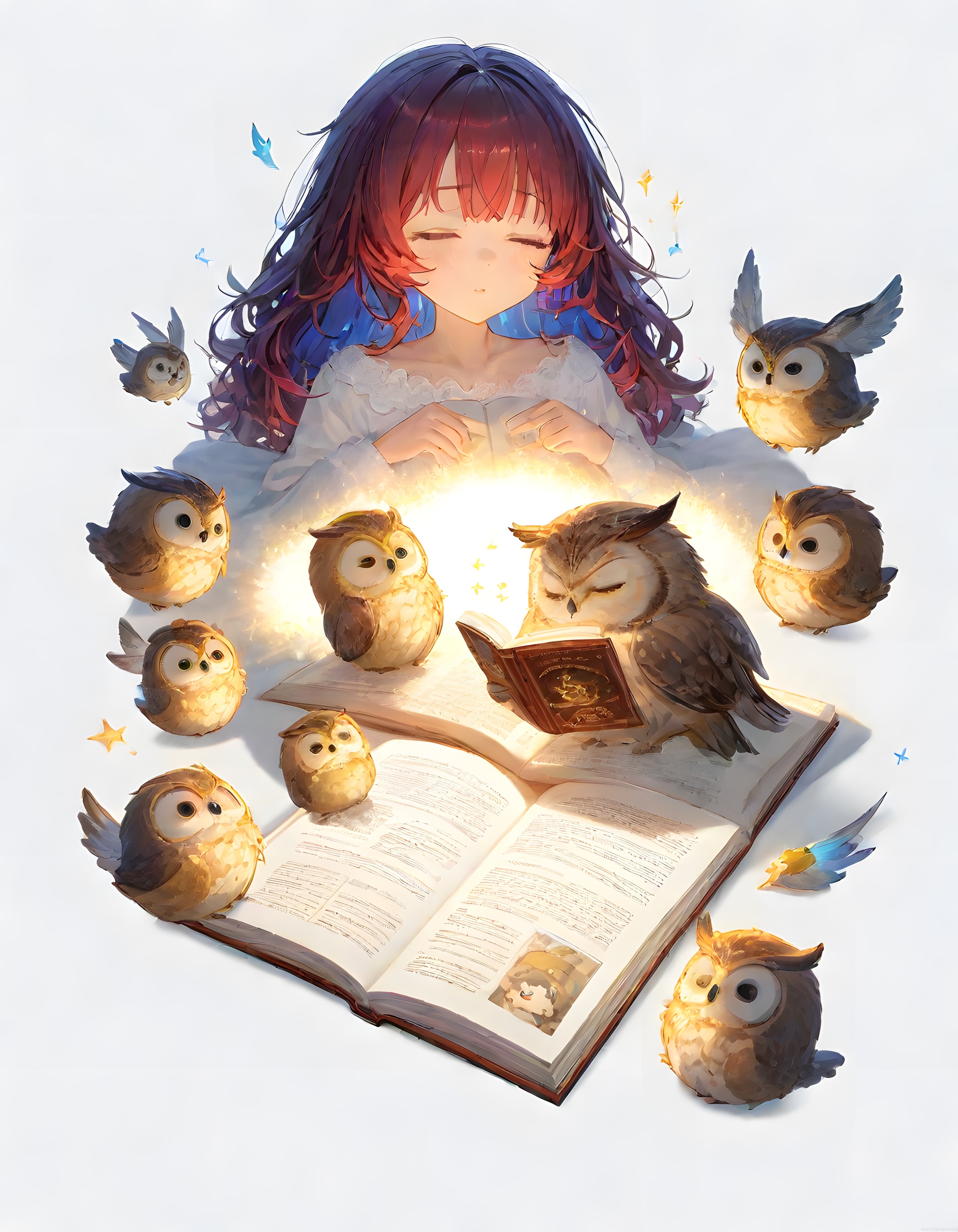 Masalsı Bir Anda: Işıldayan Kitap ve Sevimli Baykuşlarla Çevrili Anime Kız