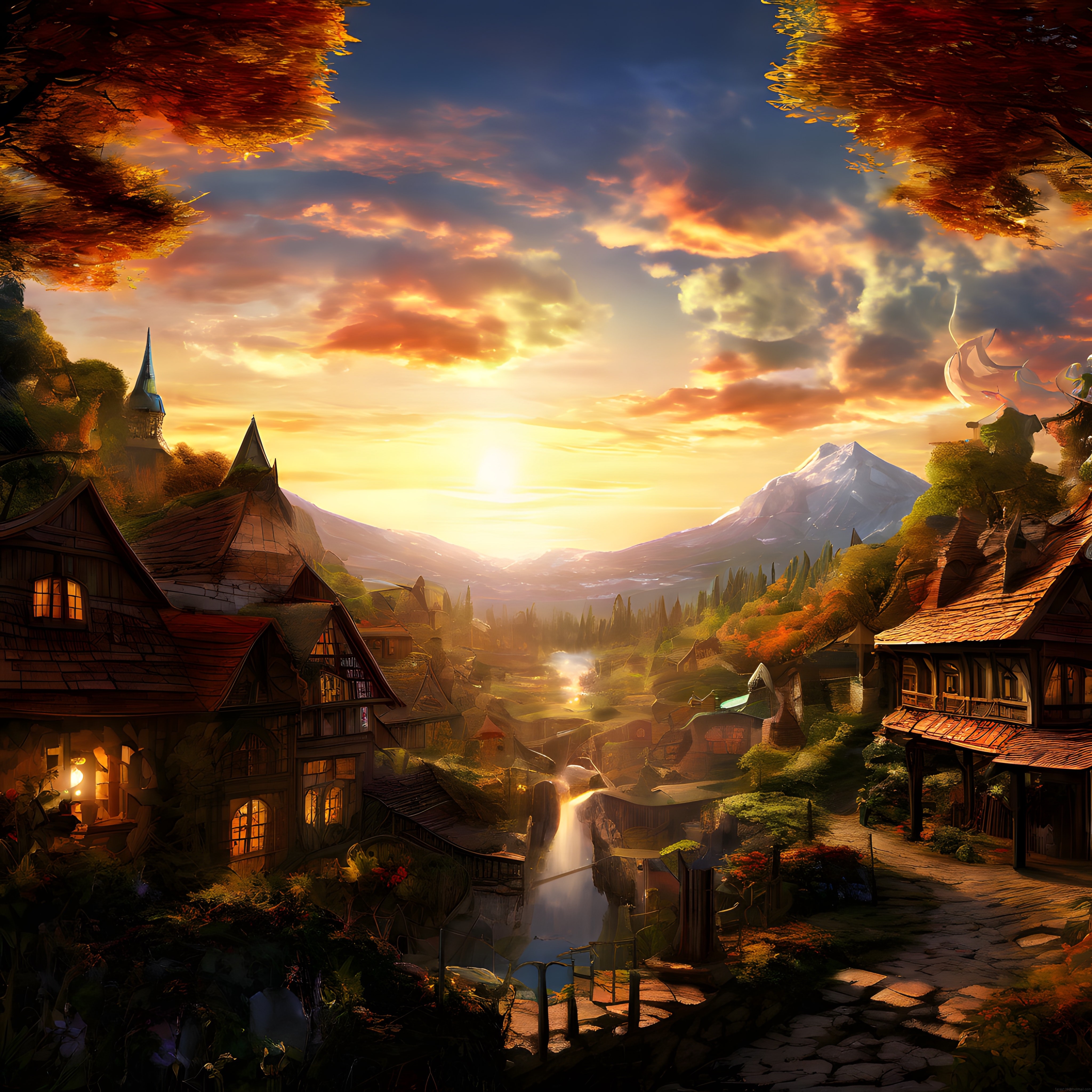 Masalsı Bir Fantasy Köyde Sonbahar Gün Batımı ve Uzak Dağ Manzarası