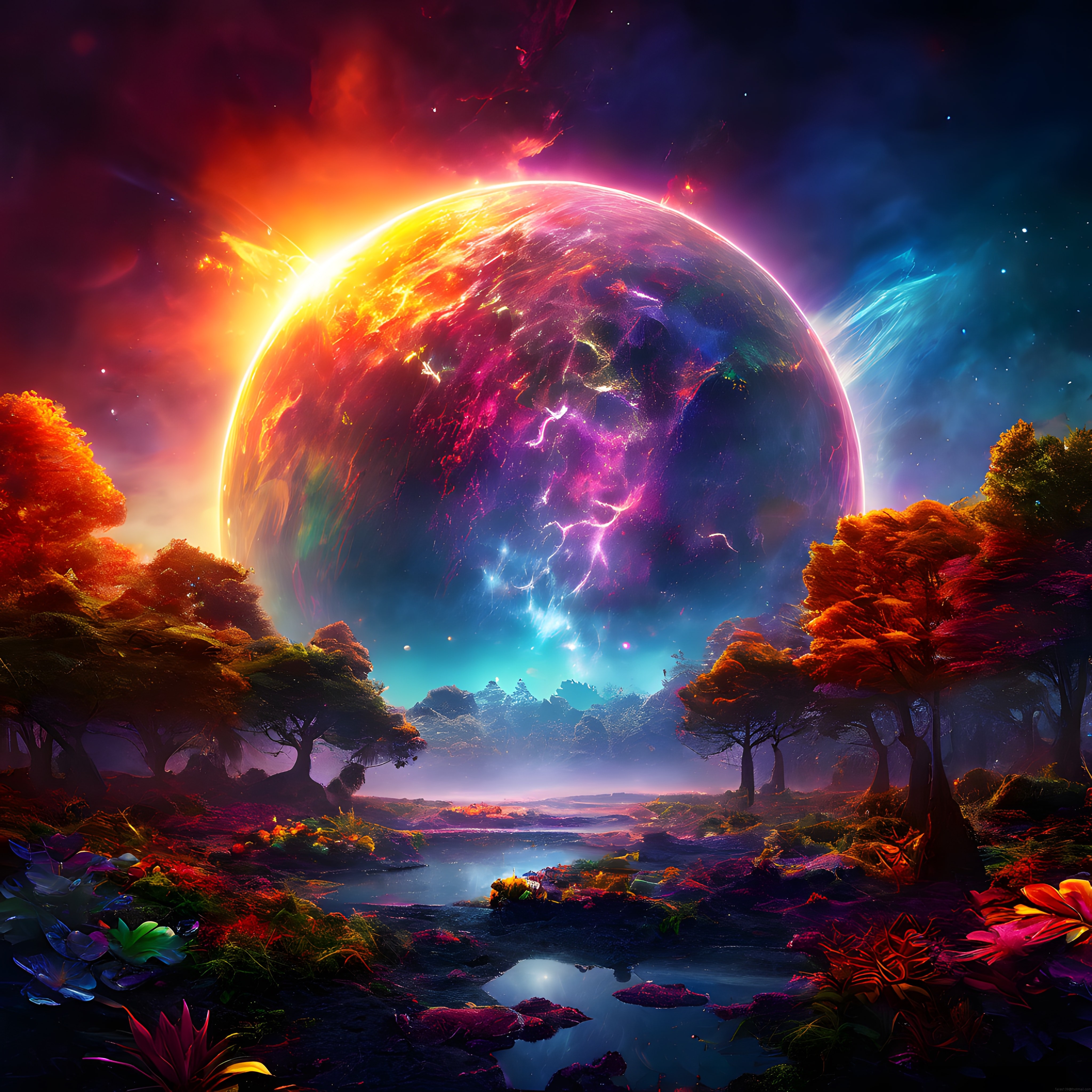 Masalsı Bir Ormanda Yükselen Dev Gezegen ve Renkli Nebula Dijital Sanatı