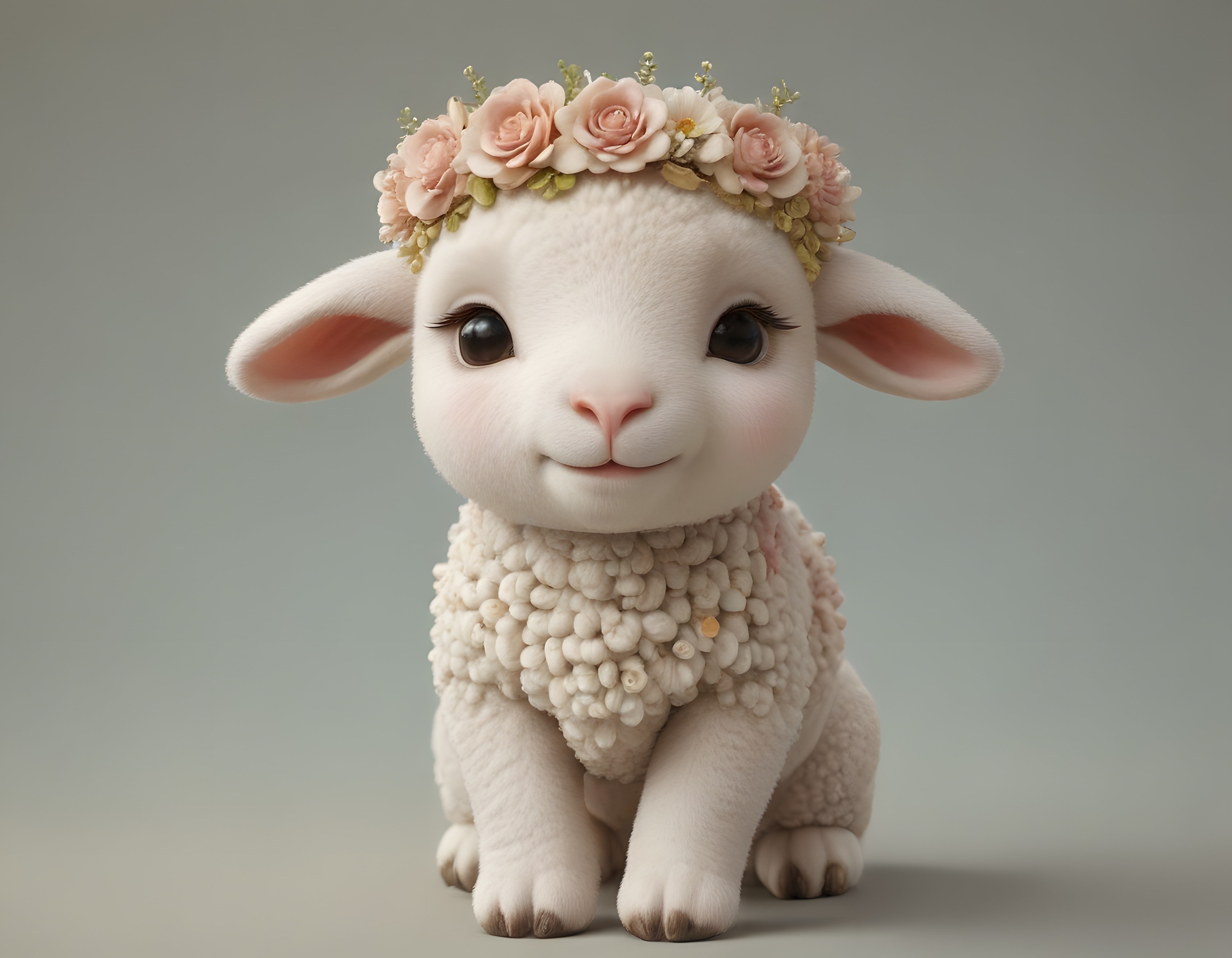 Masalsı Çiçek Tacıyla Süslenmiş Sevimli Beyaz Kuzu 3D Render Görseli