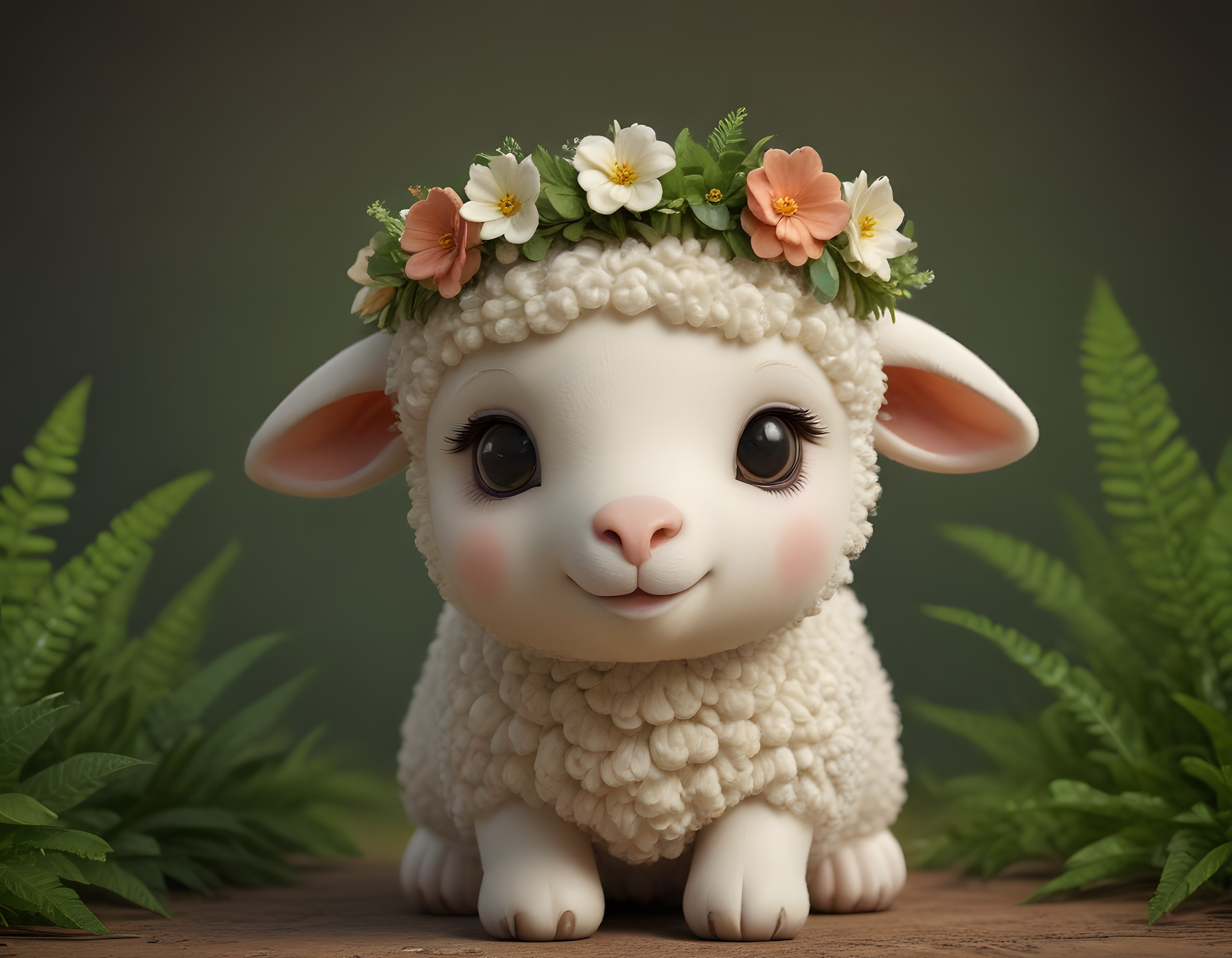 Masalsı Çiçek Taçlı Sevimli Kuzu Yavrusu 3D Dijital Sanat İllüstrasyonu
