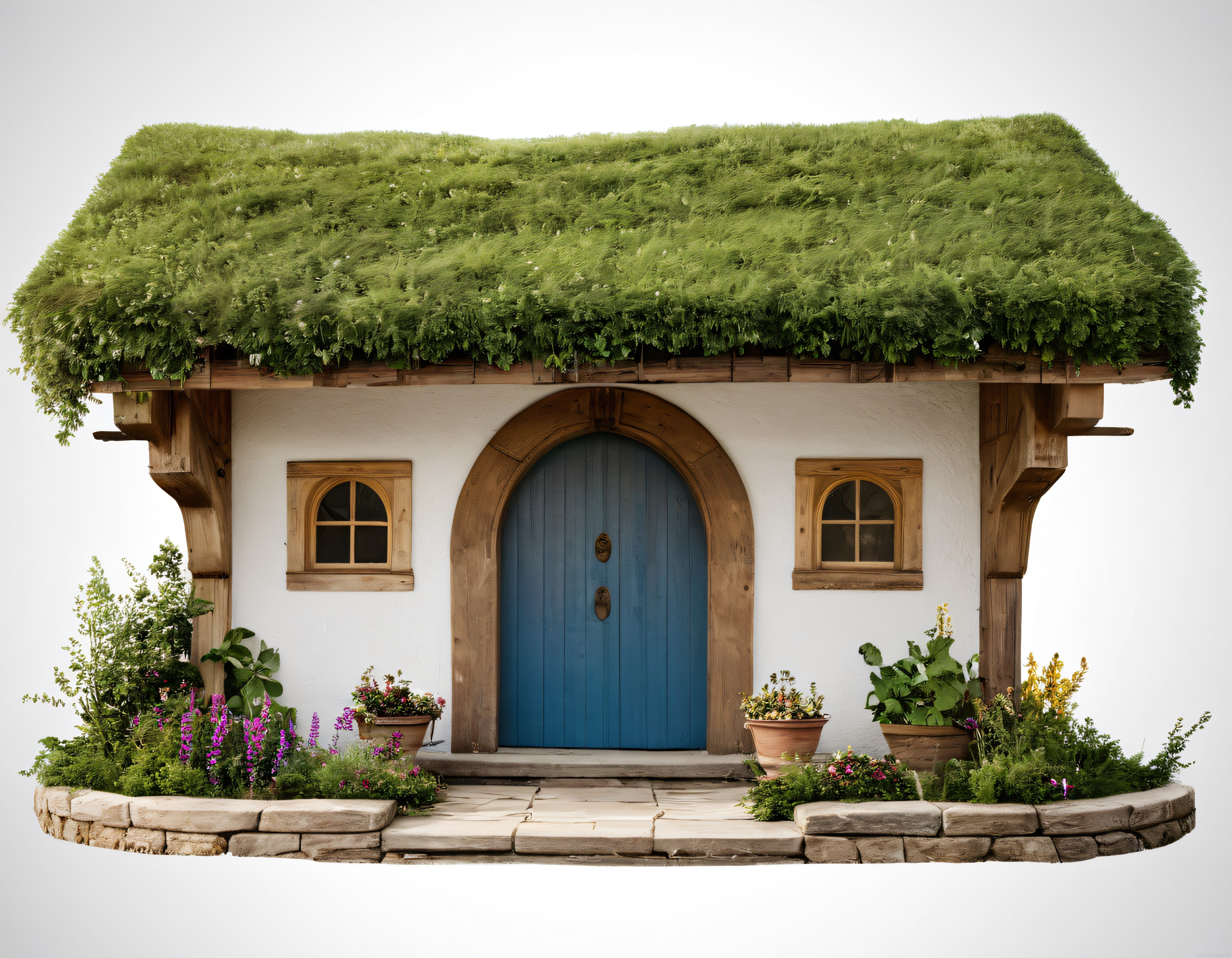 Masalsı Çim Çatılı Taş Ev Cephesi ve Mavi Kapılı Hobbit Stili Bahçe Tasarımı