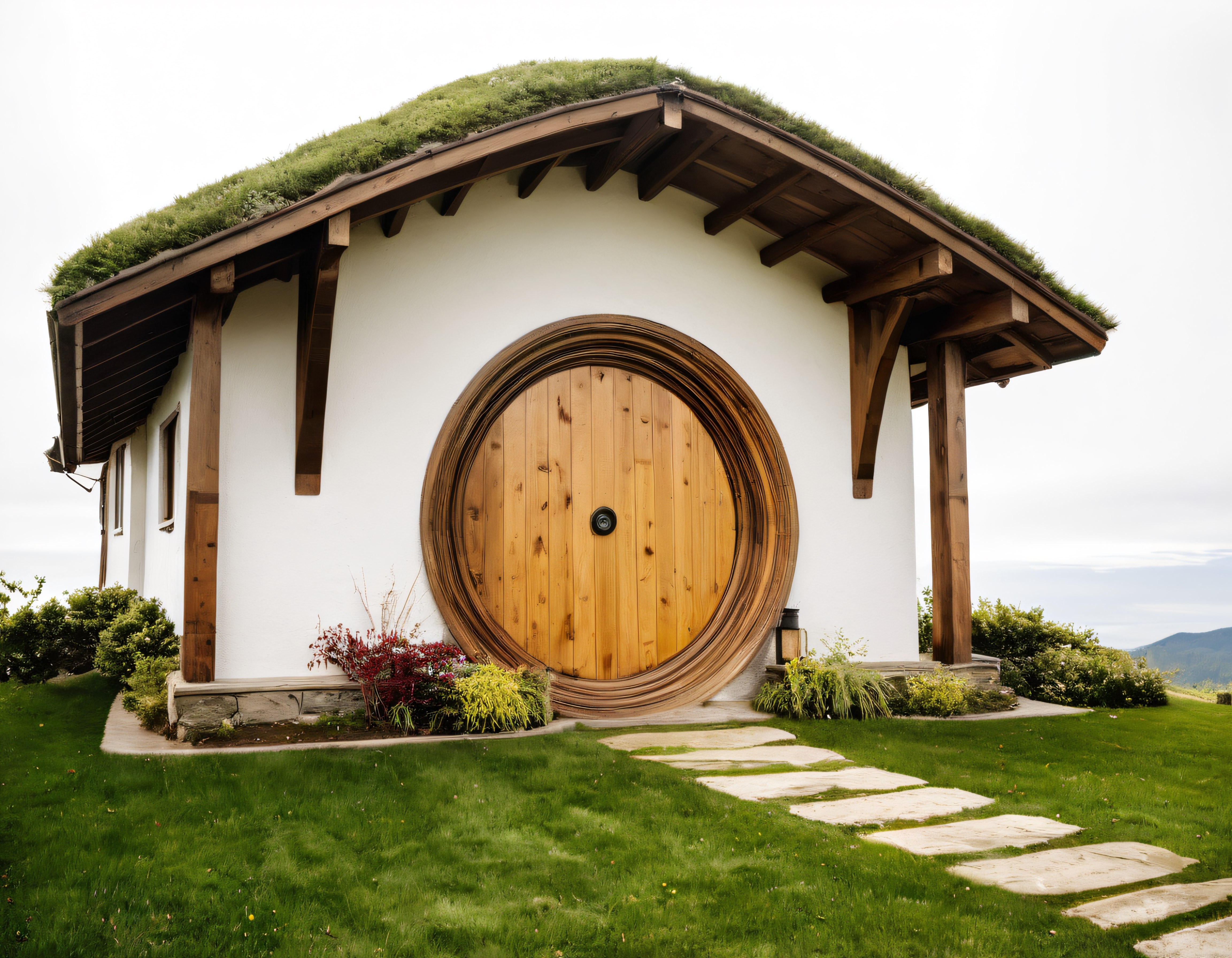Masalsı Dağ Manzaralı Yuvarlak Kapılı Yeşil Çatılı Hobbit Evi Masalsı Dağ Manzaralı Yuvarlak Kapılı Yeşil Çatılı Hobbit Evi