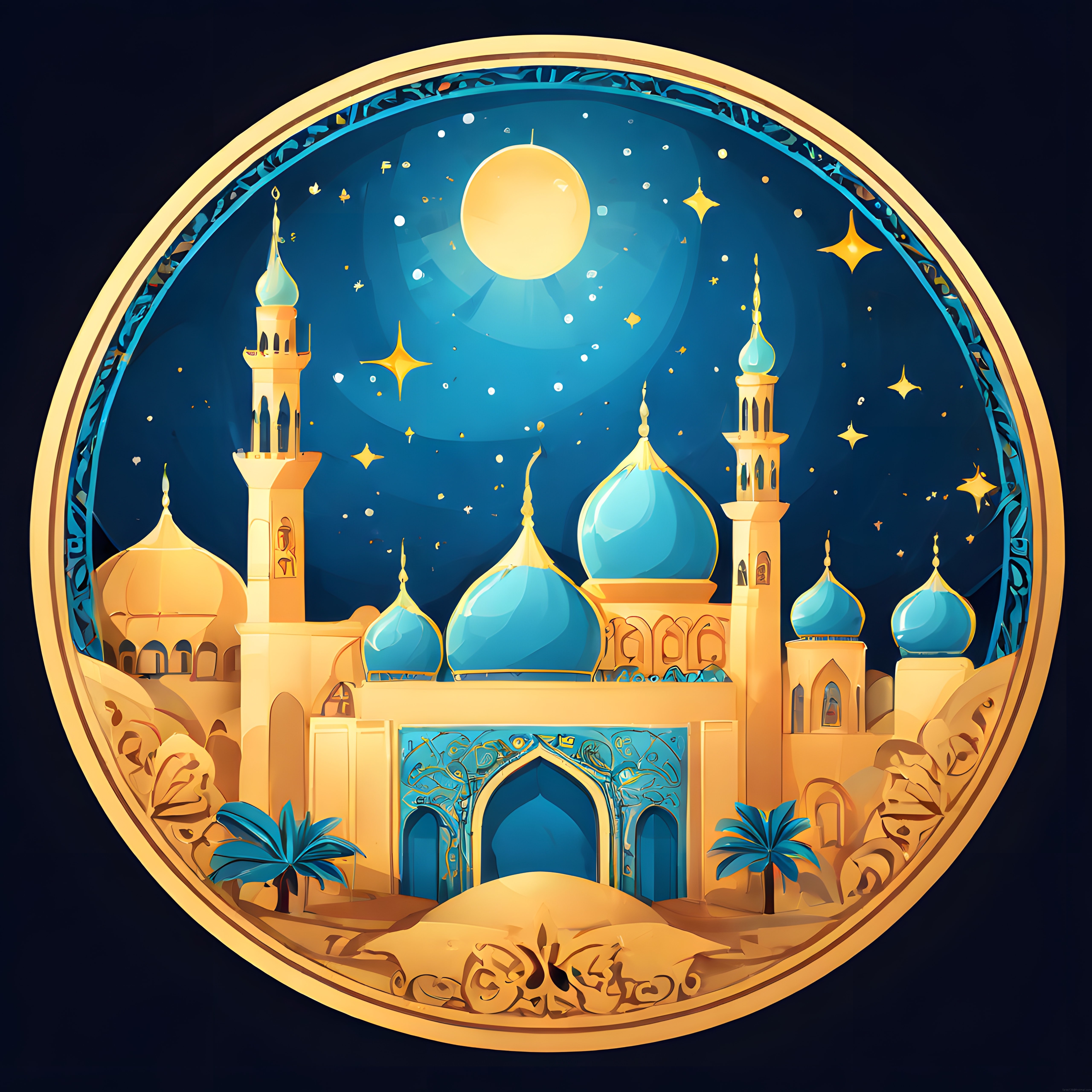 Masalsı Gece ve Dolunay Altında Altın Çerçeveli Kubbeli Cami İllüstrasyonu