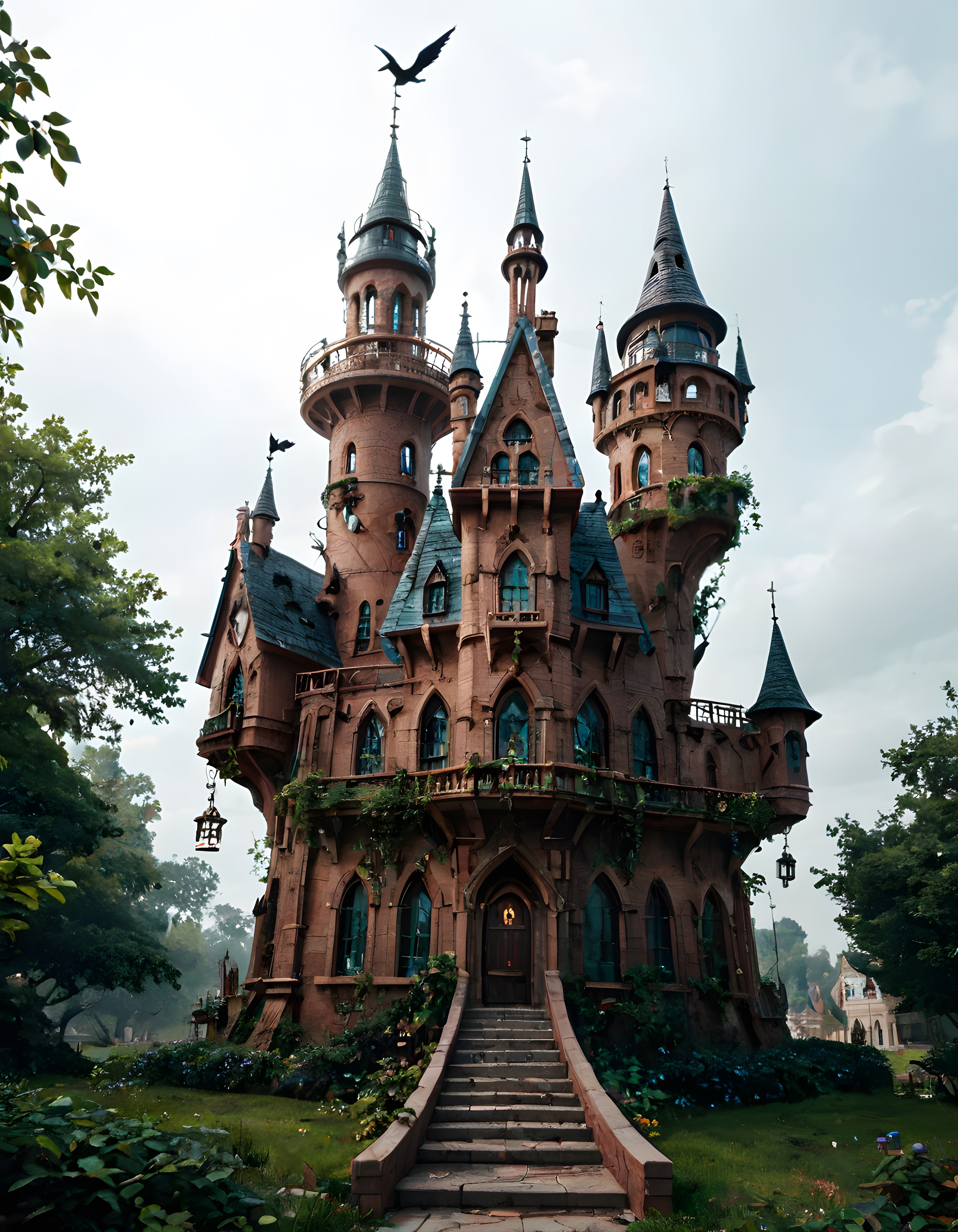 masalsı gotik kule evi ve yeşilliklerle çevrili gizemli taş yapı