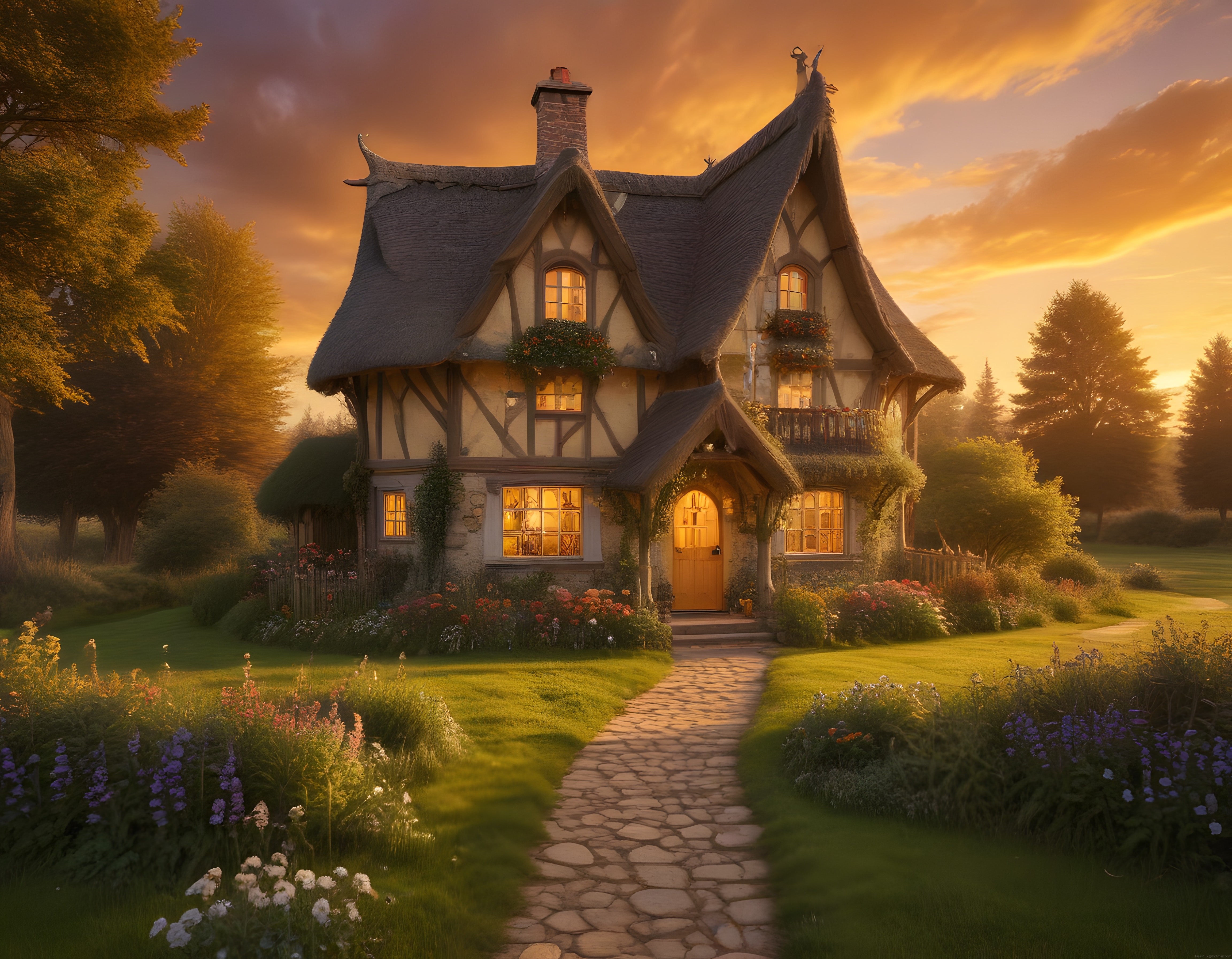 Masalsı Gün Batımında Peri Masalı Tudor Kır Evi ve Çiçekli Bahçe