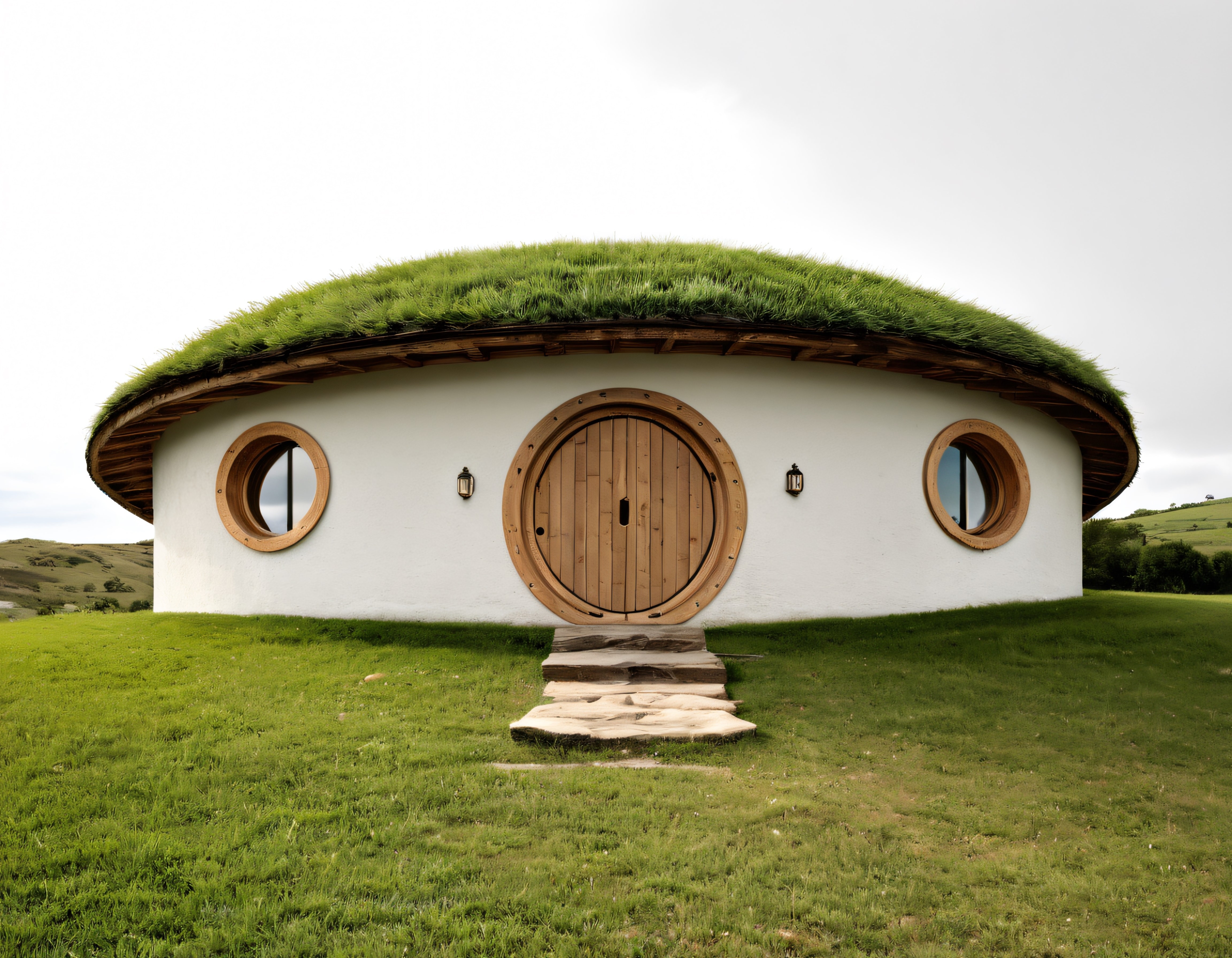 Masalsı Hobbit Evi: Çimen Çatı ve Yuvarlak Ahşap Kapı Detaylarıyla Doğada