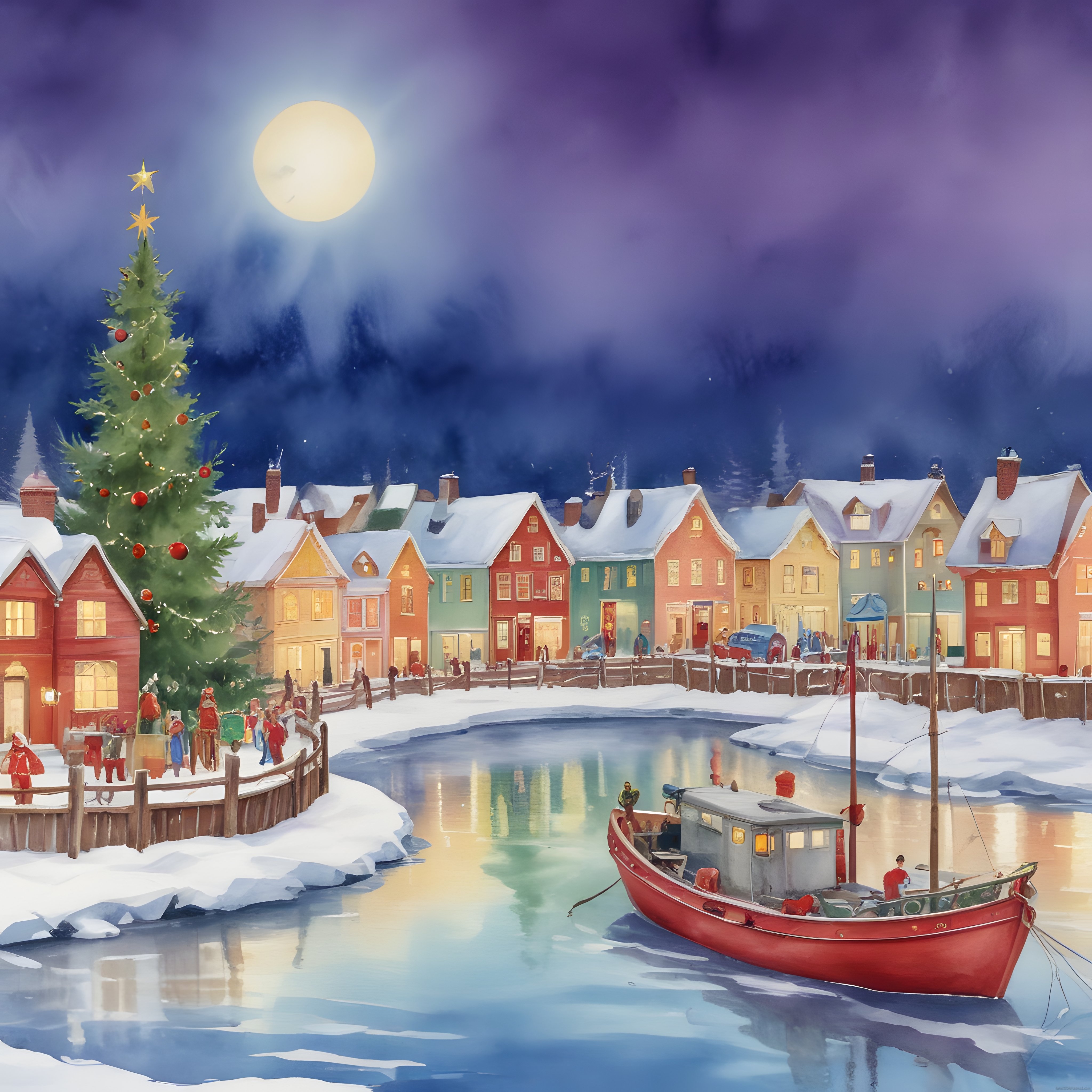 Masalsı Kış Kasabasında Dolunaylı Gece ve Süslemeli Noel Ağacı