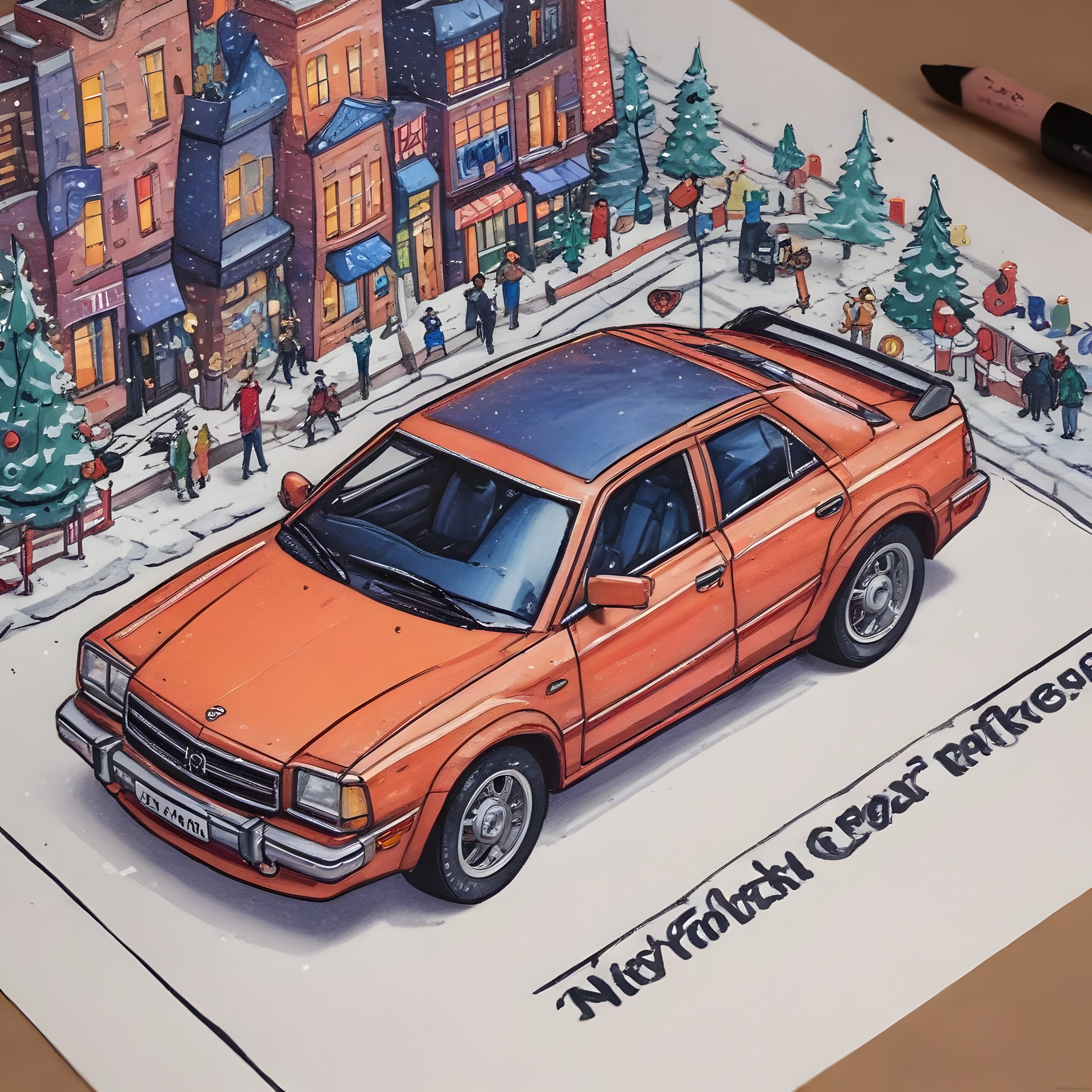 Masalsı Kış Şehrinde Nostaljik Turuncu Station Wagon İllüstrasyonu