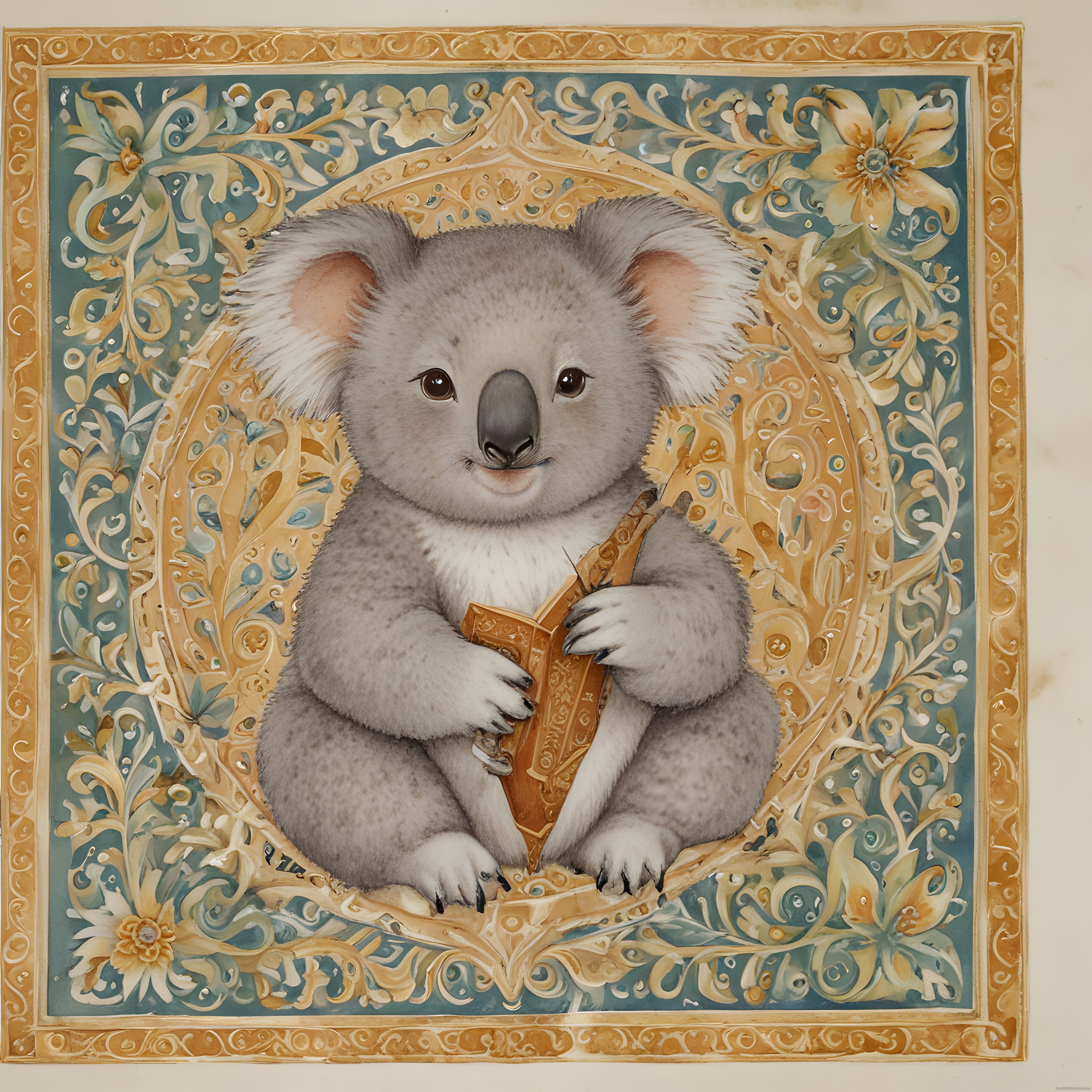 Masalsı Kitap Okuyan Koala Süslü Altın Çerçevede Sanatsal İllüstrasyon