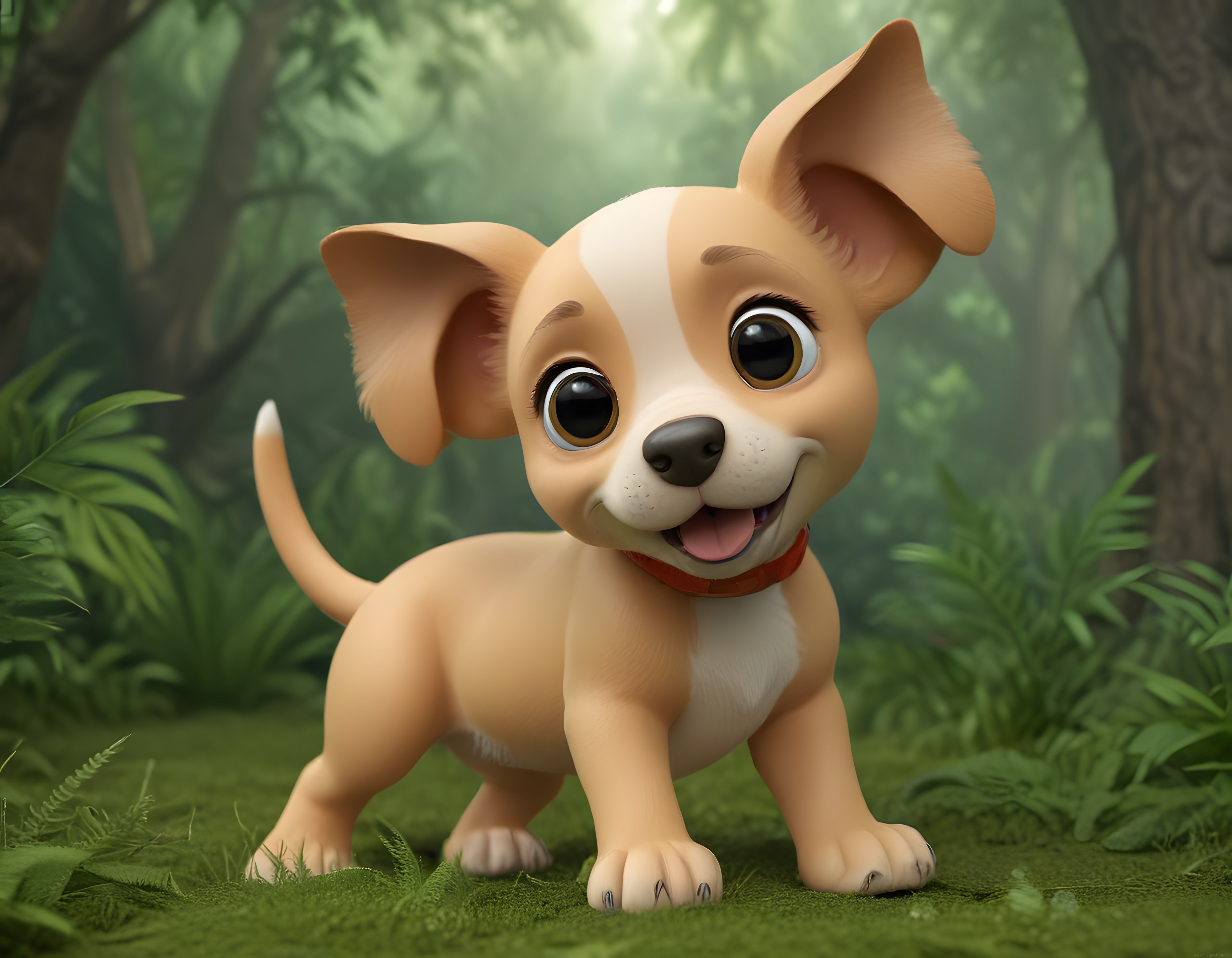Masalsı Ormanda Duran Sevimli Büyük Gözlü 3D Animasyon Köpek Yavrusu
