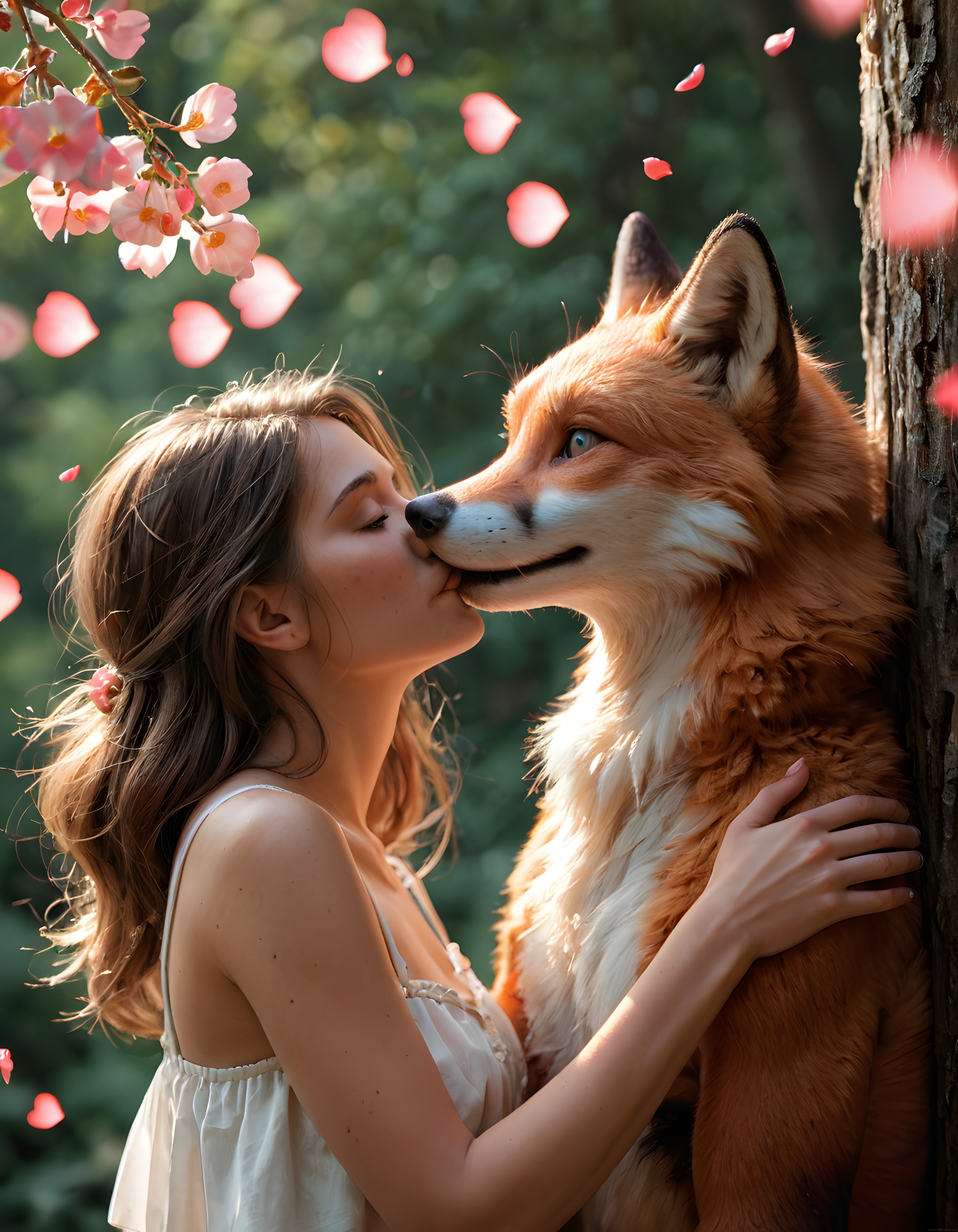 Masalsı Ormanda Genç Kadın ve Dev Kırmızı Tilkinin Romantik Buluşması