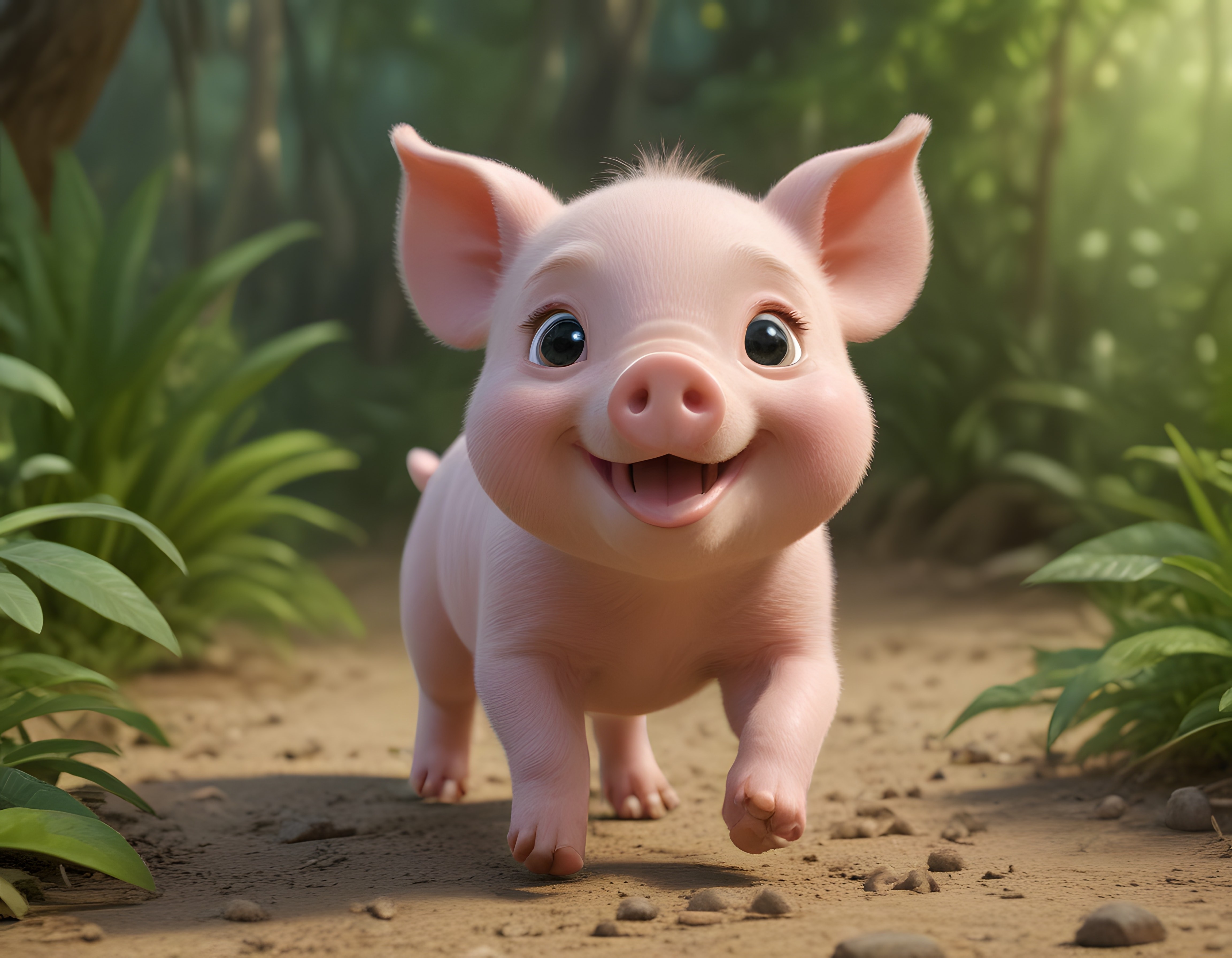 Masalsı Ormanda Neşeyle Koşan Sevimli 3D Animasyon Domuz Yavrusu