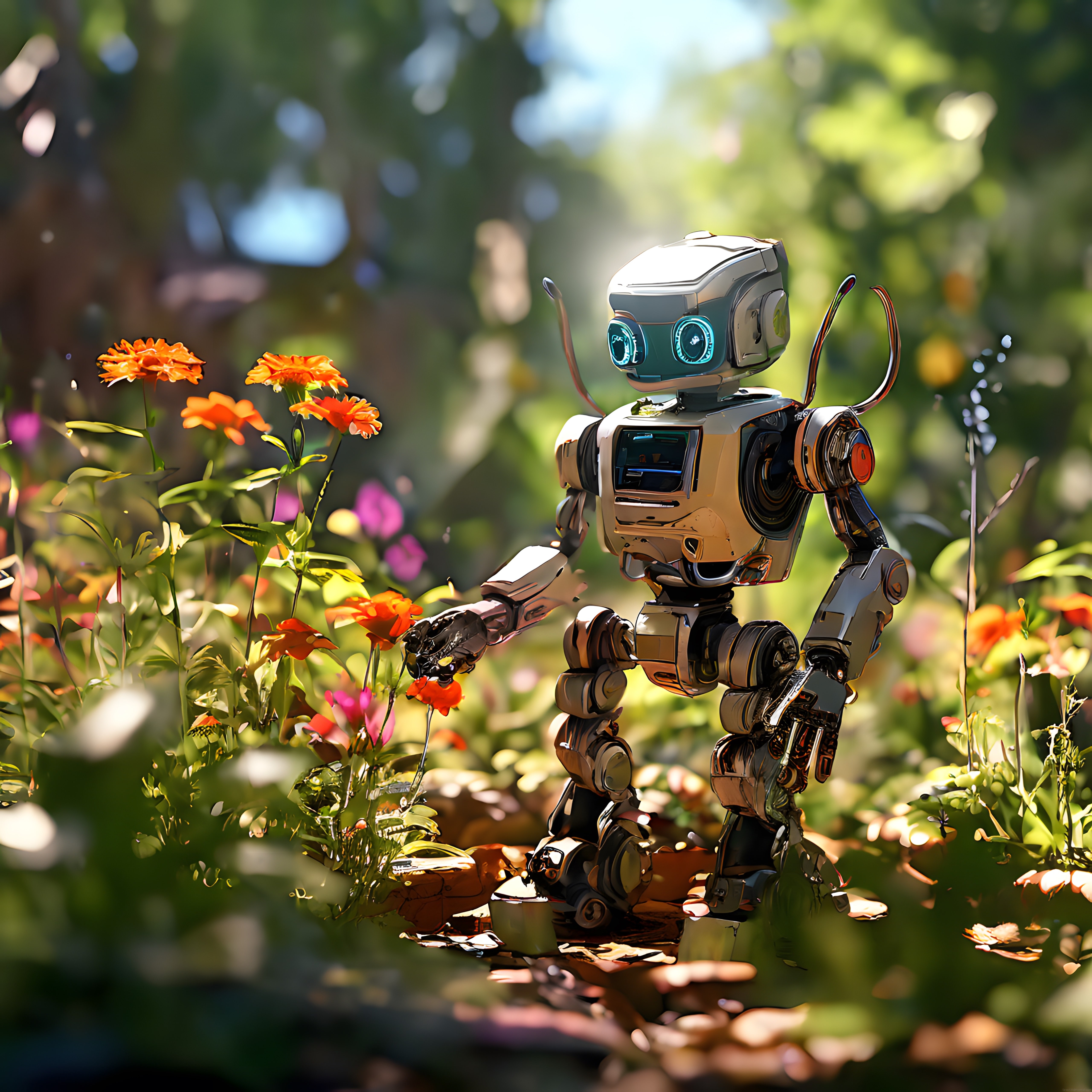 Masalsı Ormanda Turuncu Çiçeklere Dokunan Sevimli Küçük Robot İllüstrasyonu Masalsı Ormanda Turuncu Çiçeklere Dokunan Sevimli Küçük Robot İllüstrasyonu