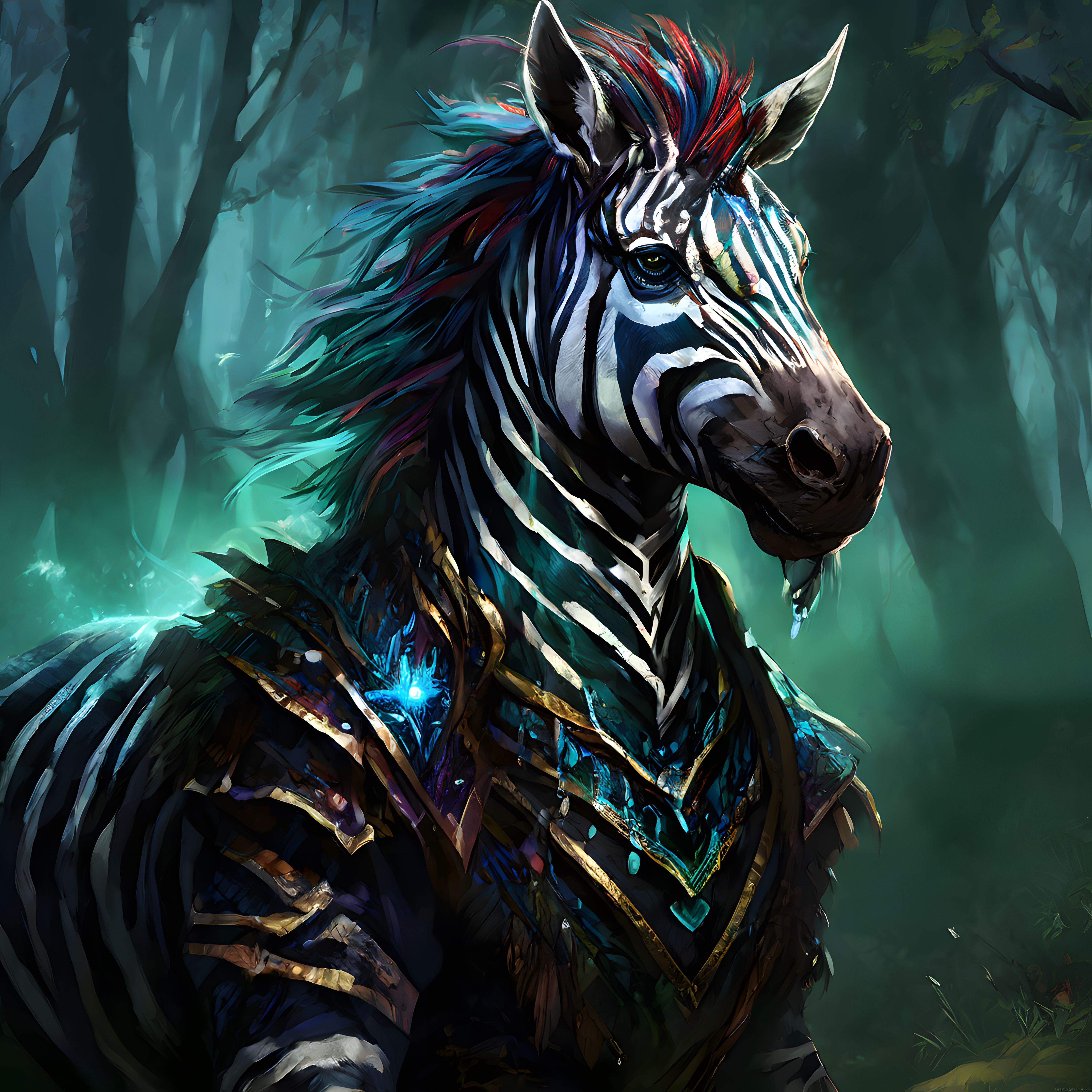 Masalsı Ormanda Zırhlı ve Renkli Yeleli Fantastik Zebra Portresi