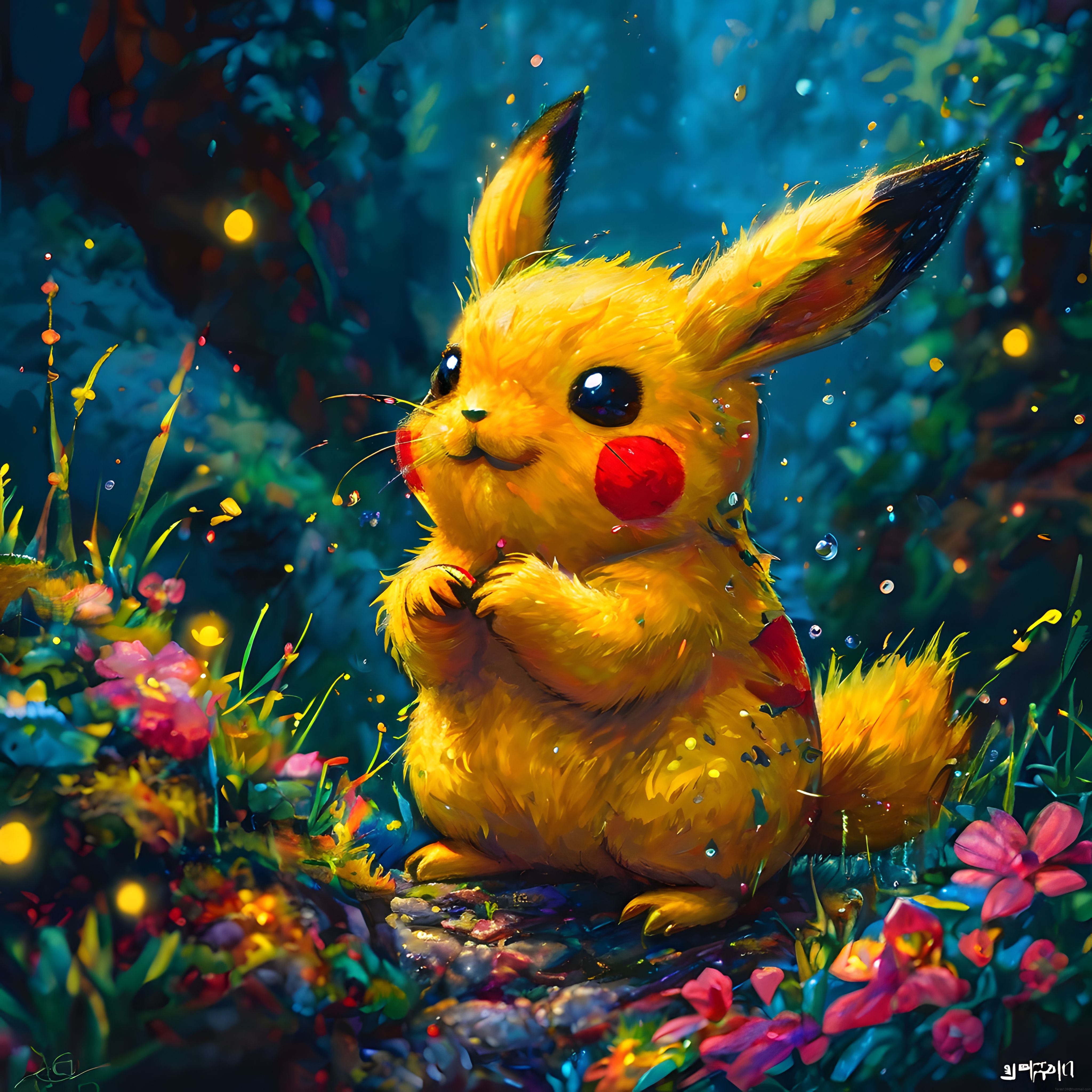 Masalsı ormanın içinde sevimli pikachu dijital illüstrasyon ve canlı renkler