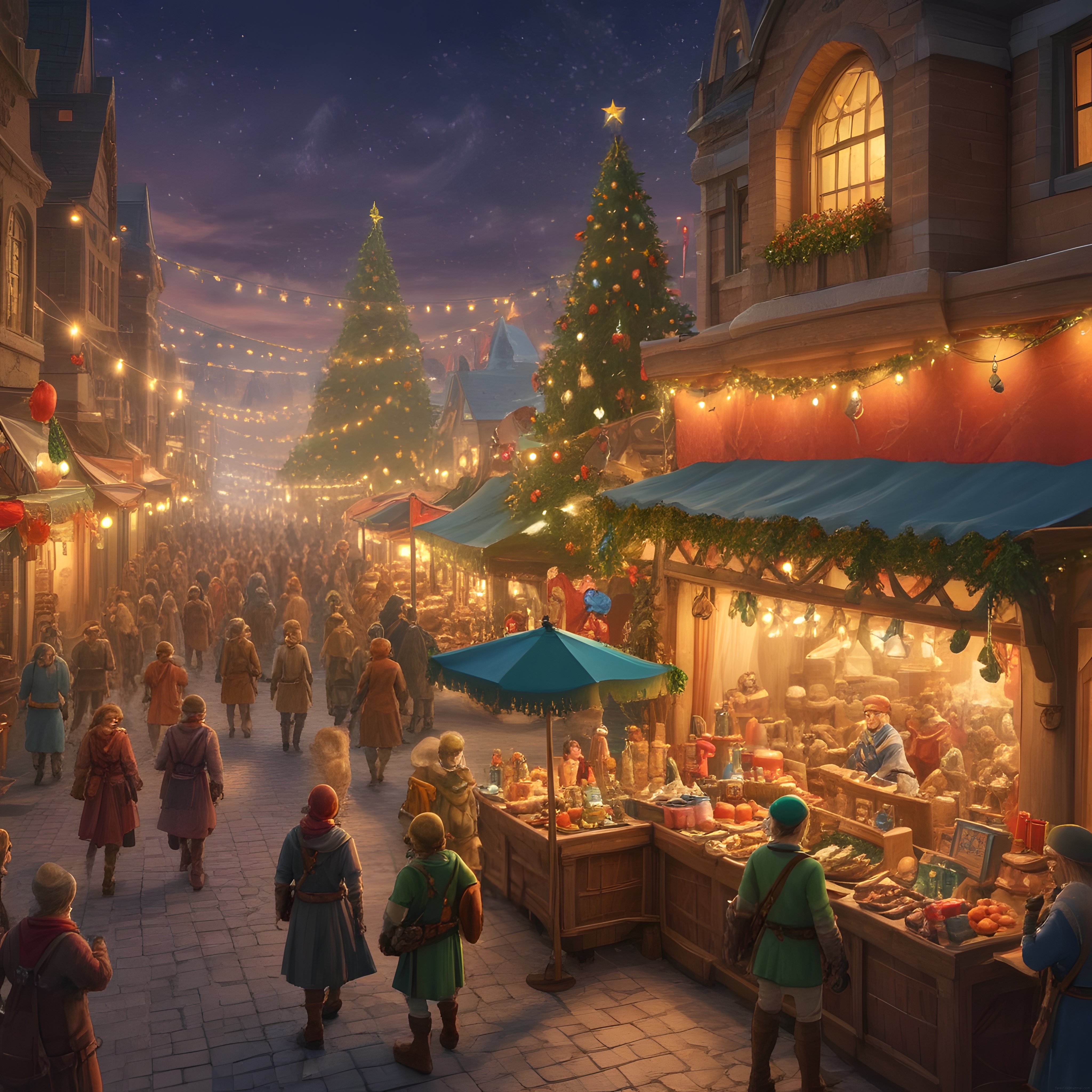 Masalsı ortaçağ şehrinde ışıl ışıl noel pazarı ve yıldızlı şenlik gecesi