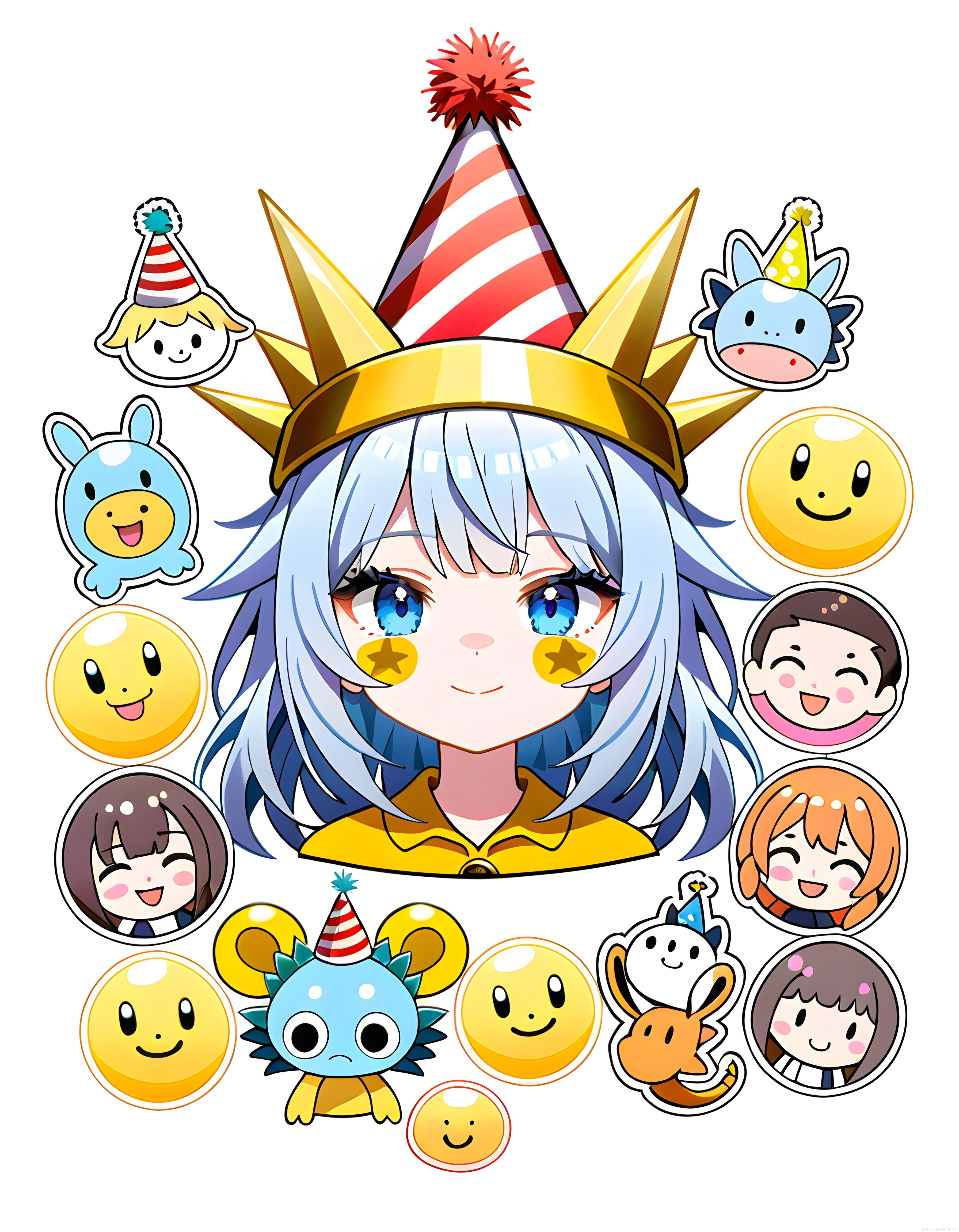 Masalsı parti kızı anime illüstrasyonu ve etrafındaki şirin çıkartma seti