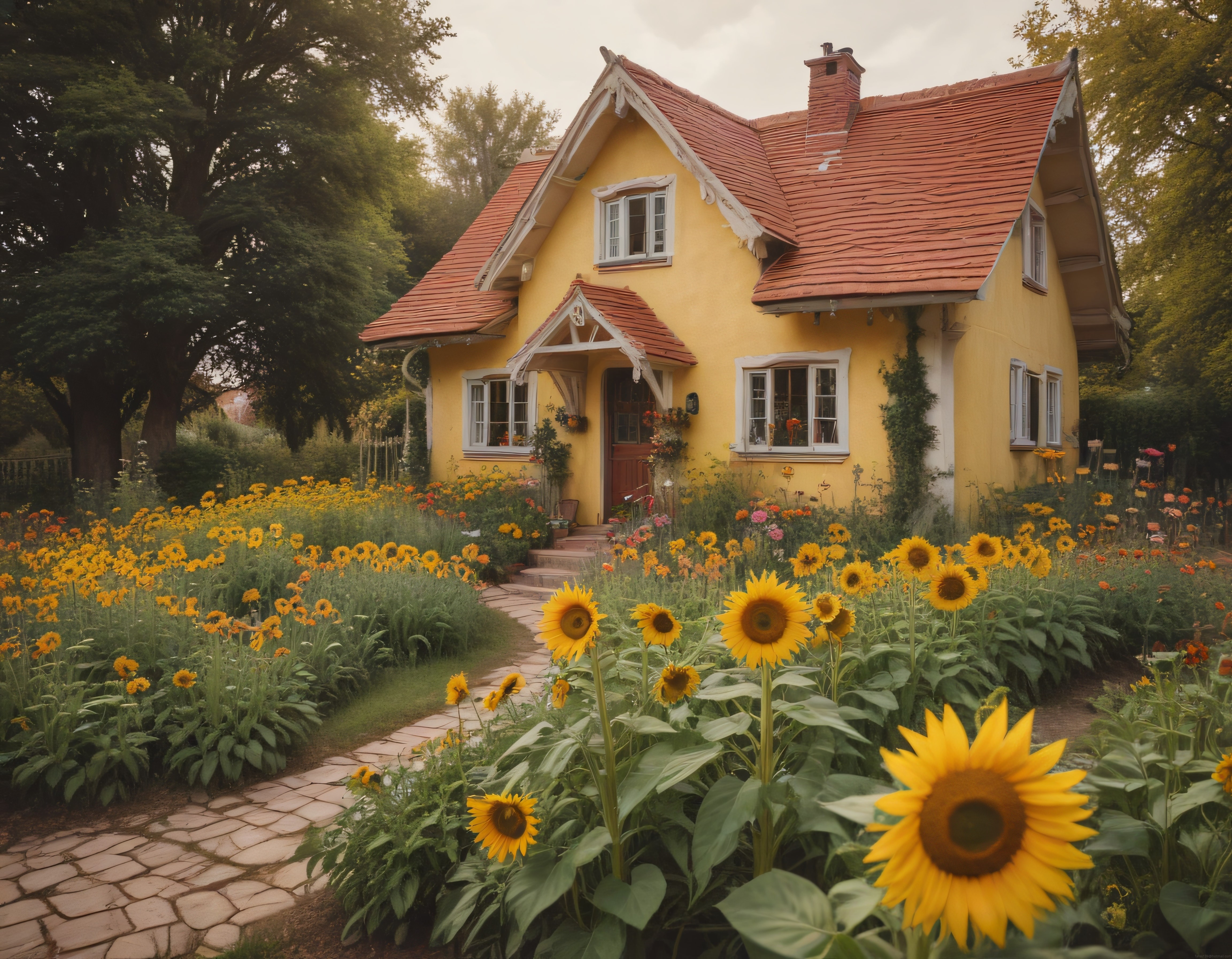 Masalsı Sarı Kır Evi ve Ayçiçekleriyle Çevrili Rengarenk Çiçek Bahçesi