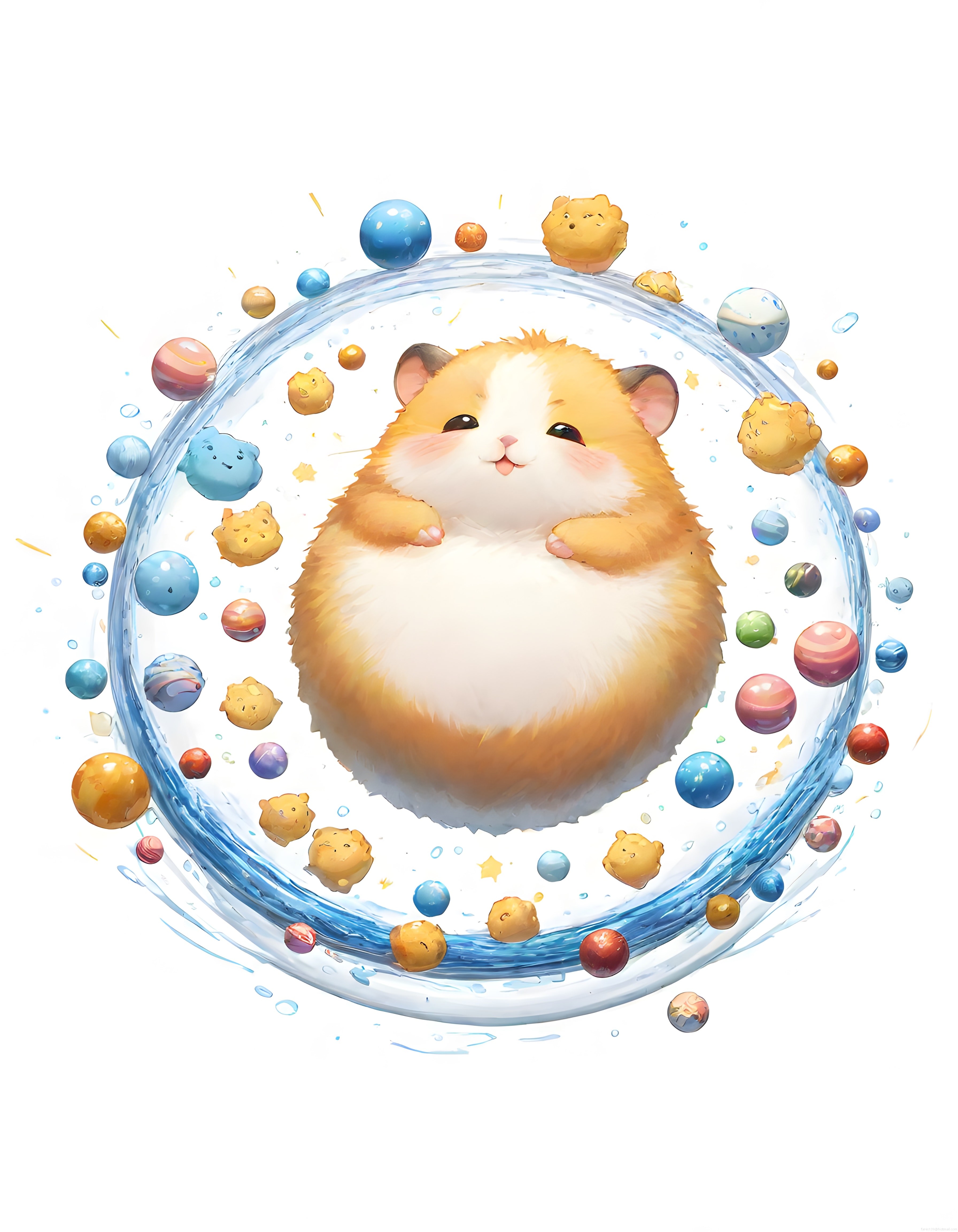 Masalsı Su Halkasında Yüzen Sevimli Hamster ve Renkli Gezegenler Dijital Sanat