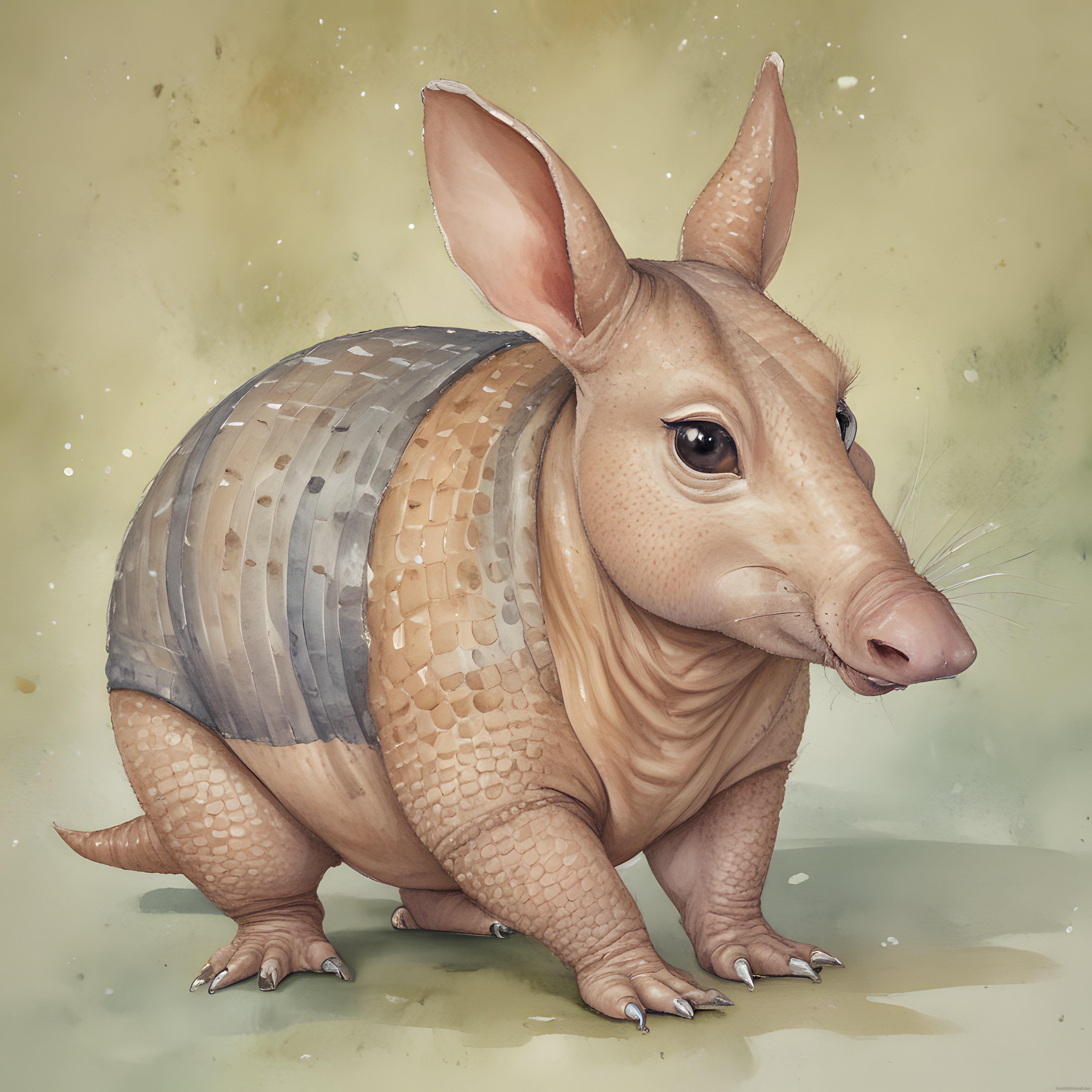 Masalsı suluboya dokulu armadillo tavşan karışımı fantastik yaratık çizimi
