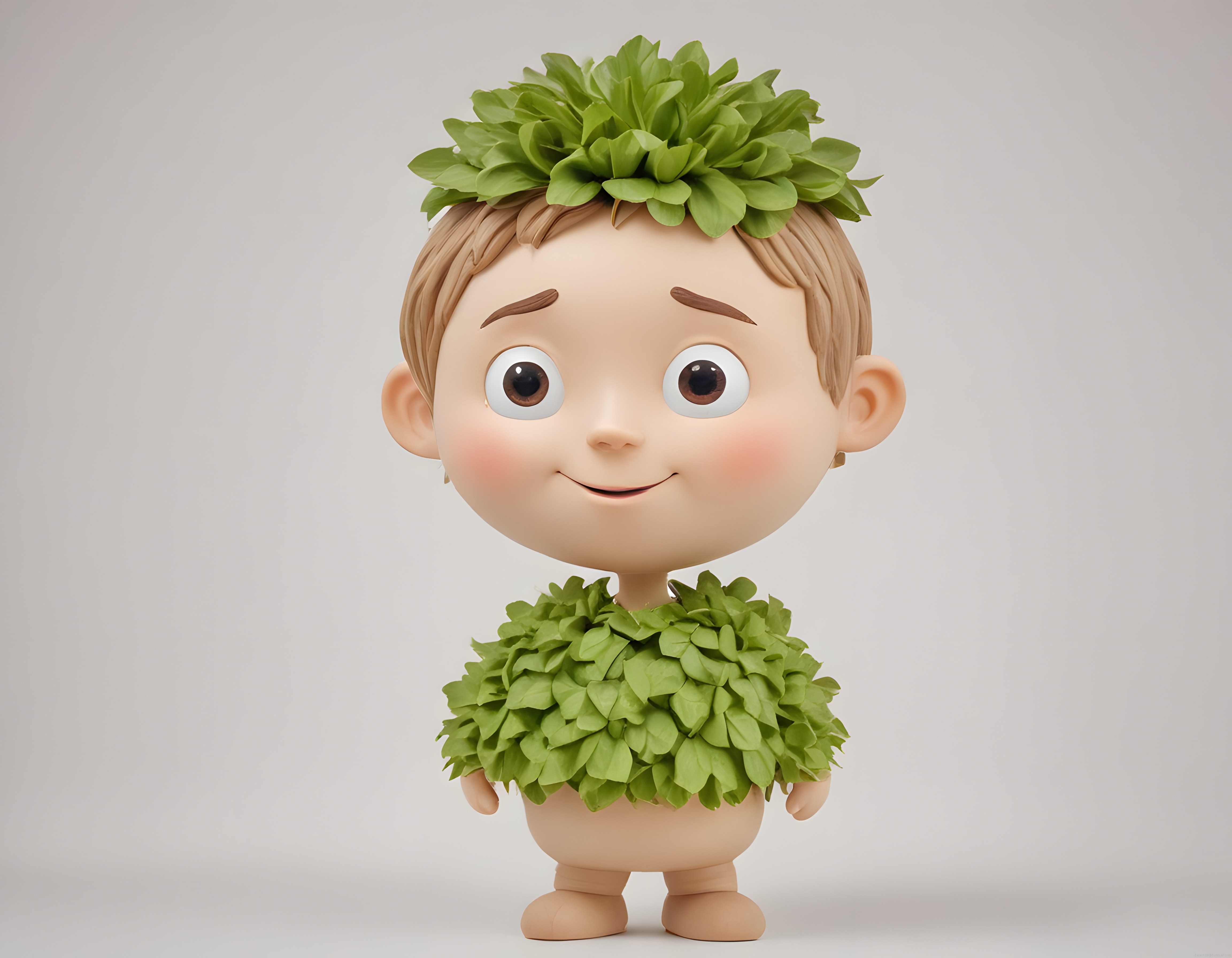 Masalsı yaprak kostümlü sevimli 3D animasyon bebek karakteri dijital sanat