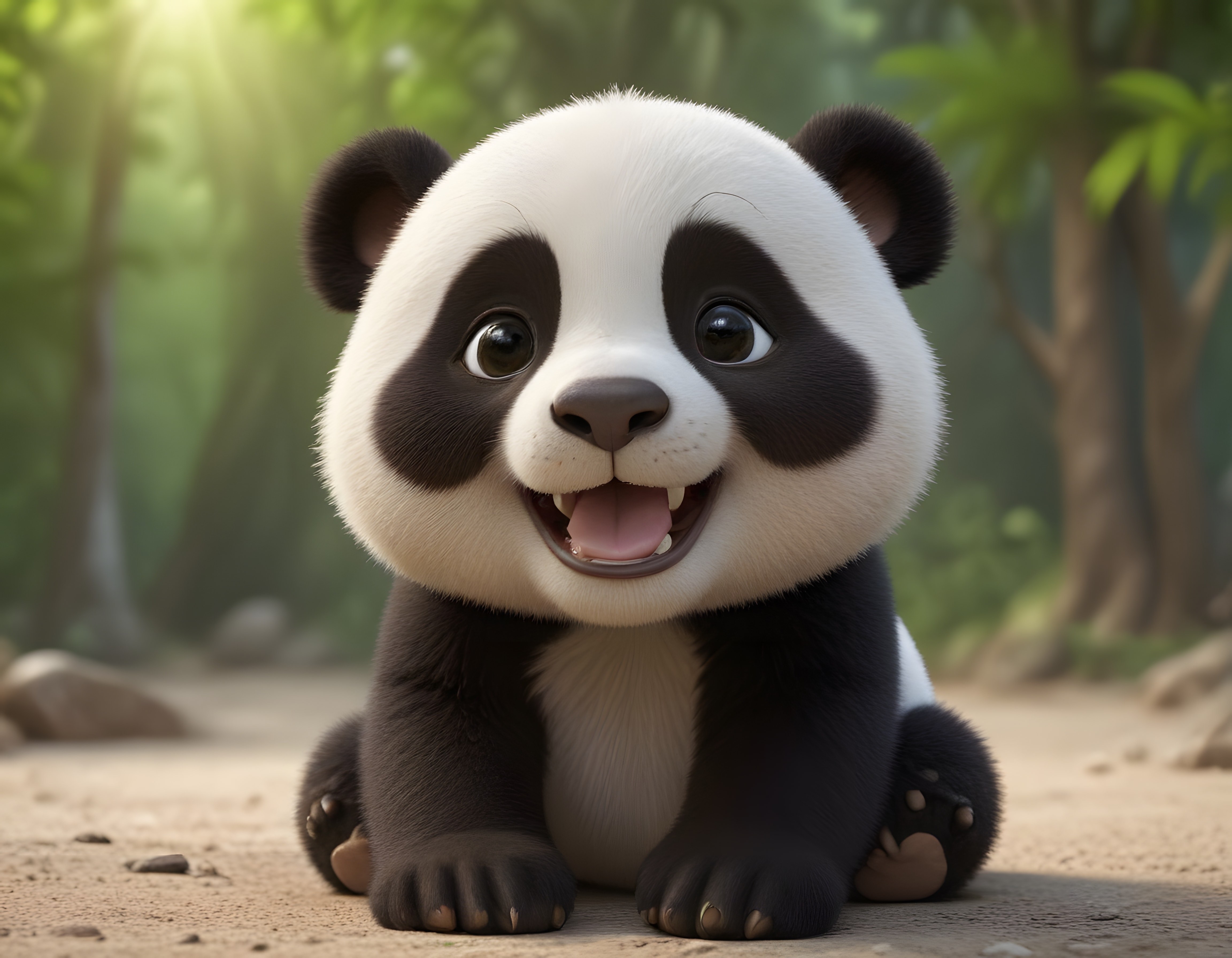Masalsı yeşil ormanda oturan sevimli animasyon panda yavrusu gülümsüyor