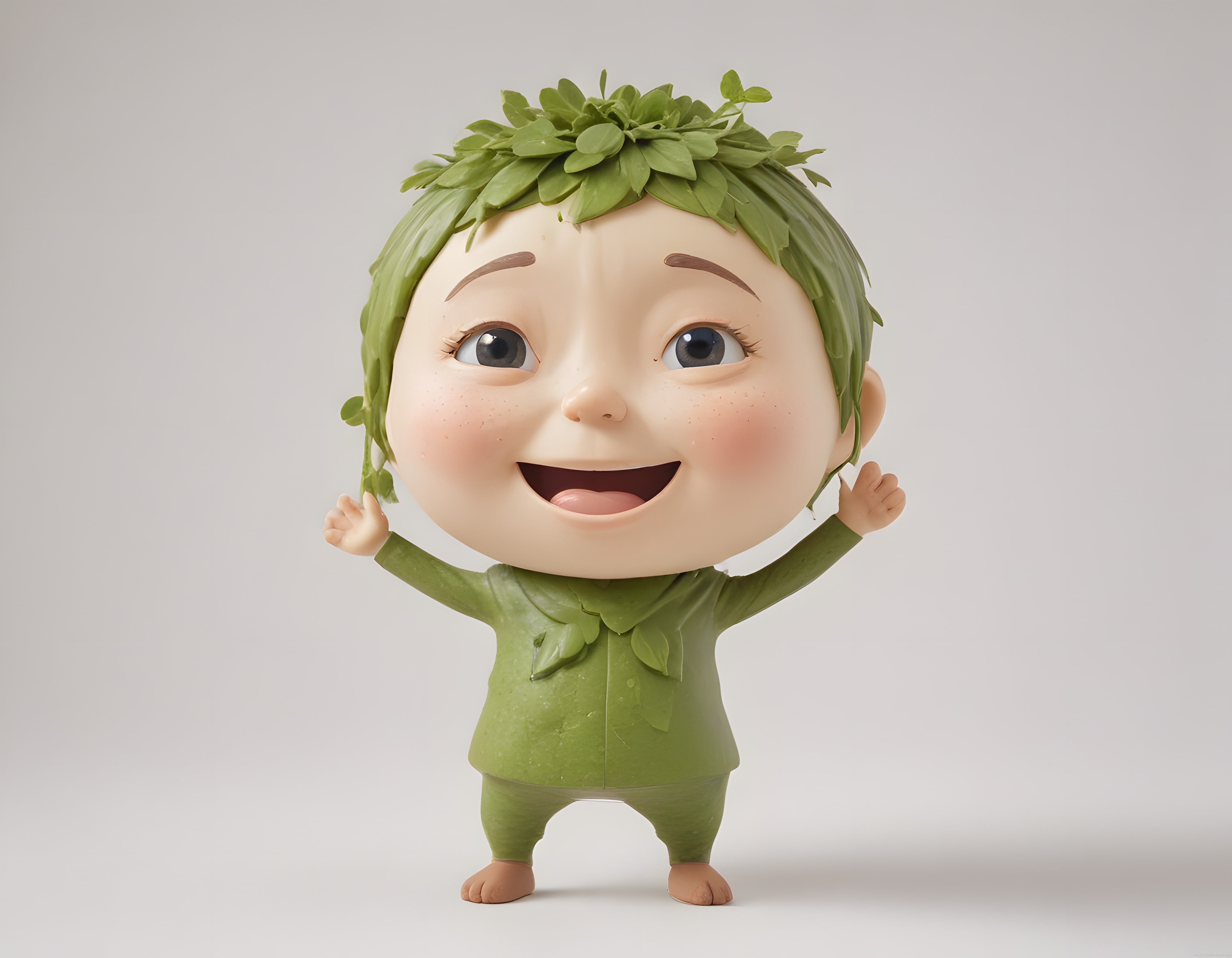 Masalsı Yeşil Yaprak Saçlı 3D Animasyon Bebek Karakteri ve Sevimli İfadesi