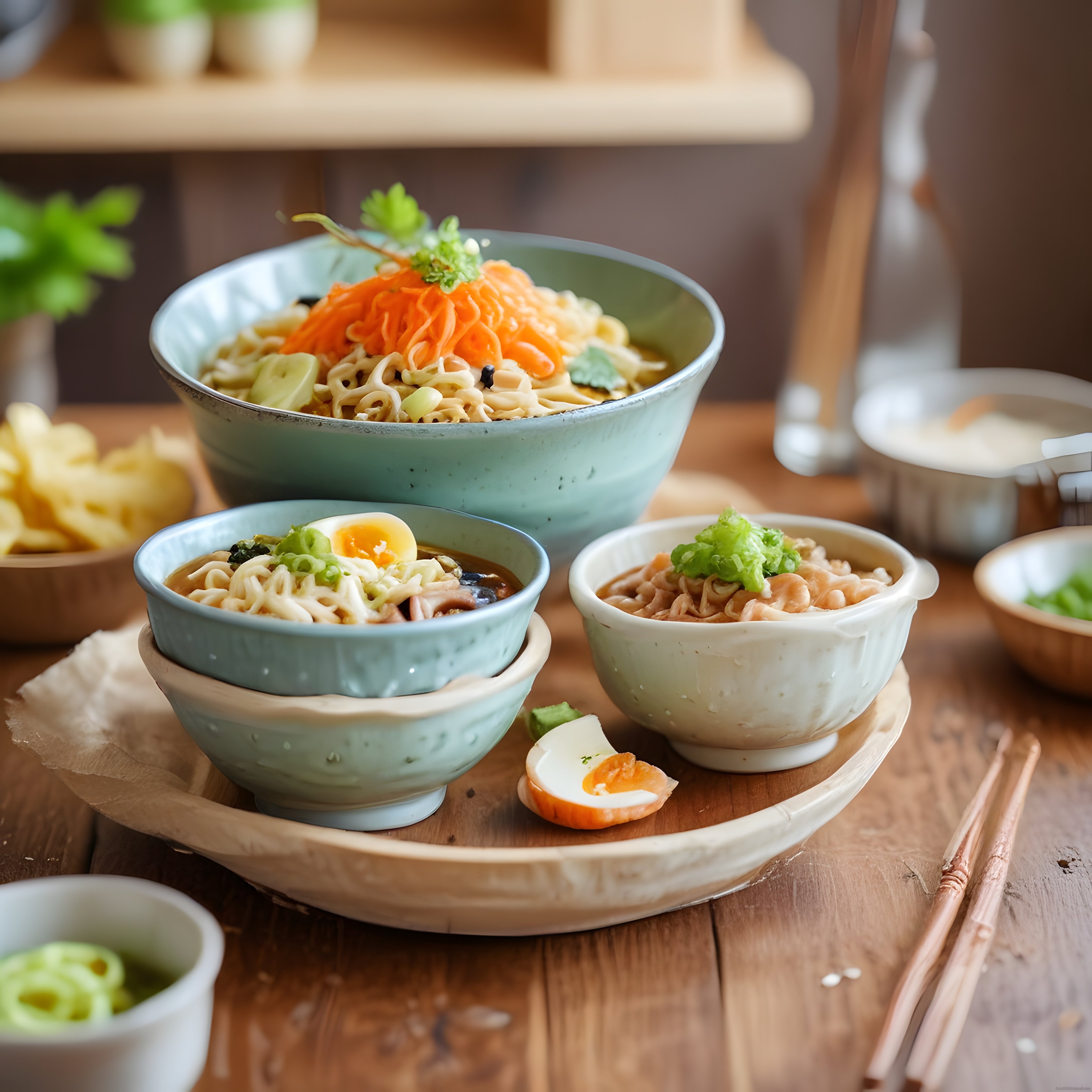 masanın üzerinde seramik kaselerde sunulan renkli ve leziz noodle çeşitleri