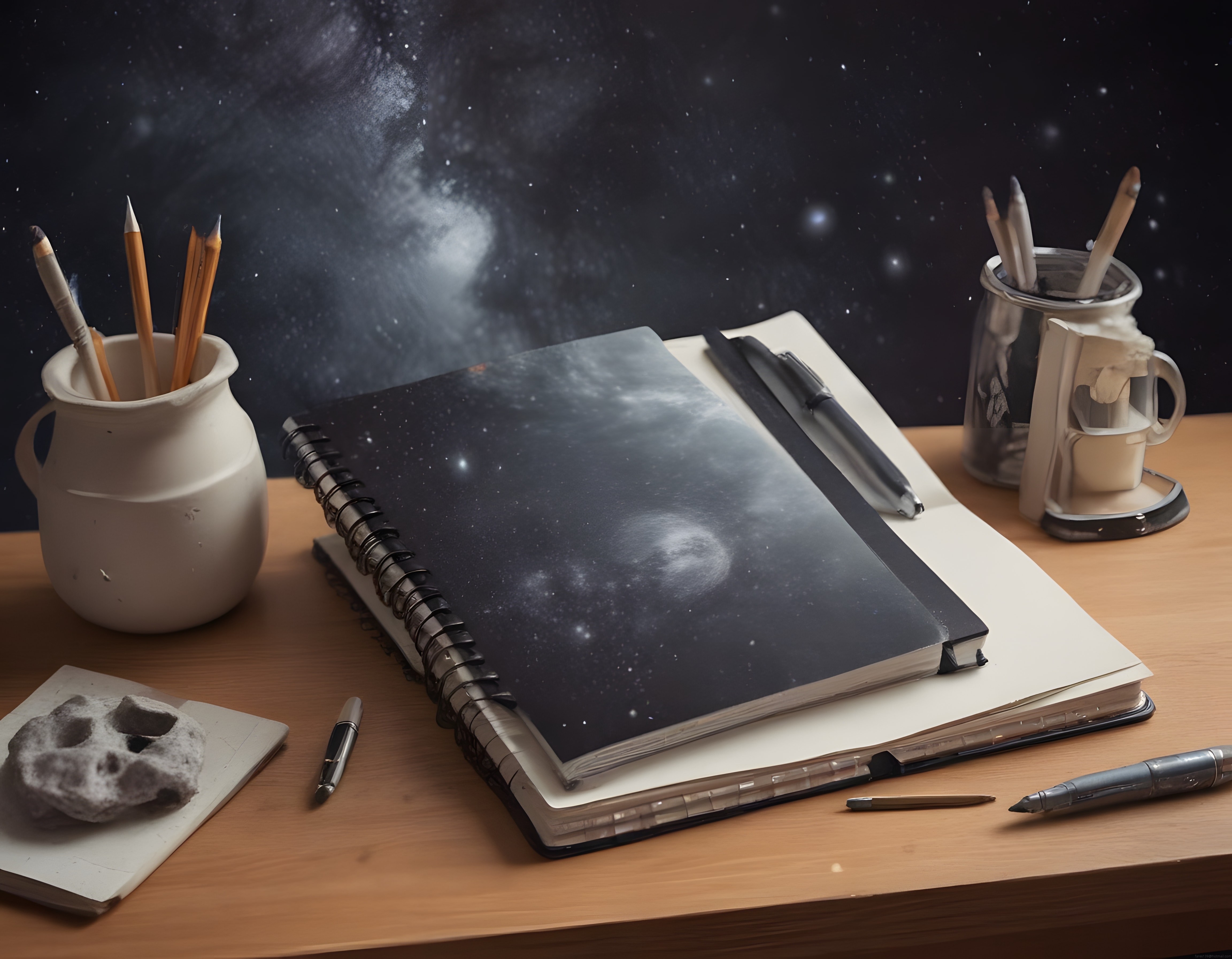 Masanın Üzerindeki Evren: Gökada Desenli Defter ve Sanat Malzemeleri