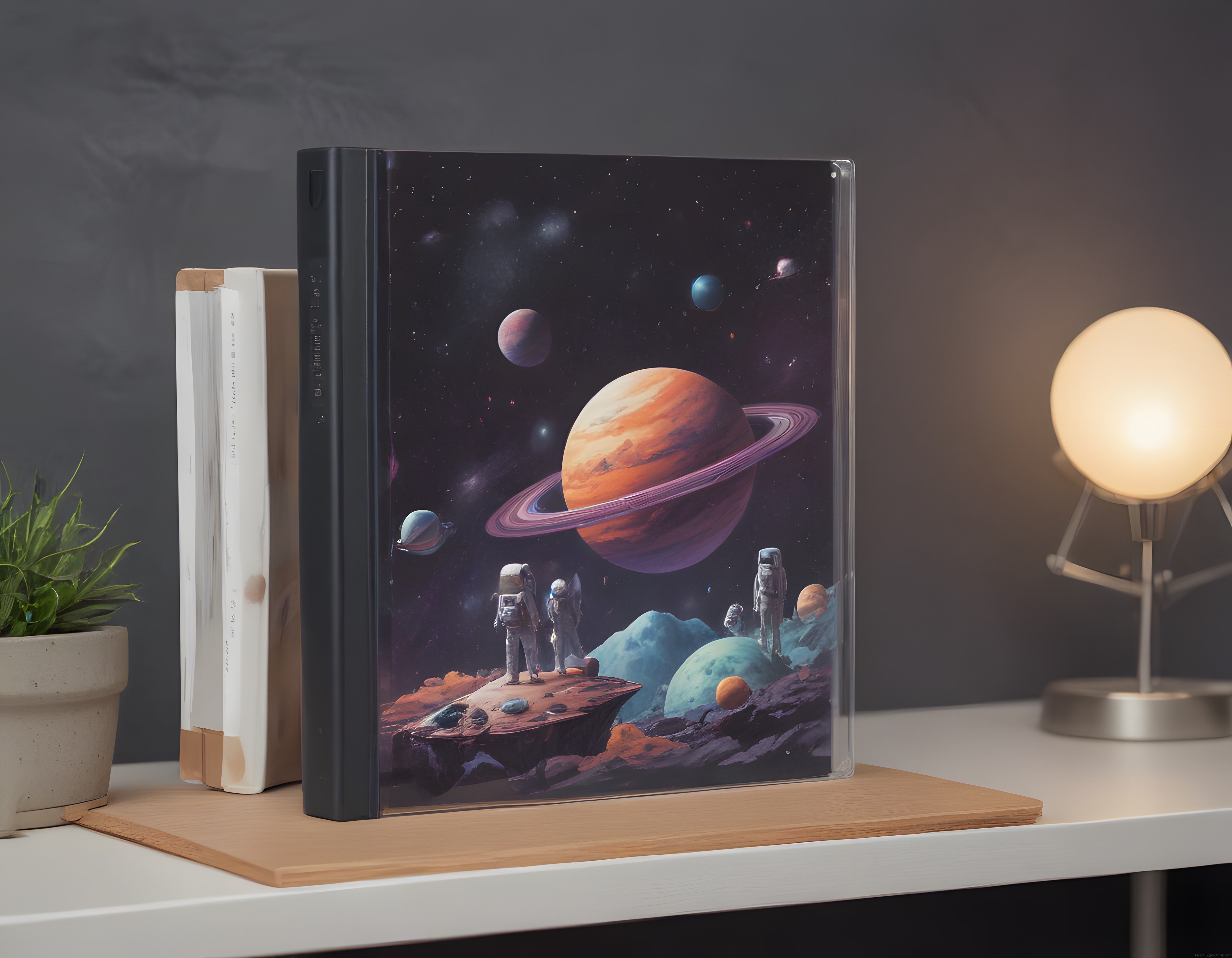 Masanın üzerindeki kitapta gezegenler ve astronotlarla dolu fantastik bir uzay manzarası