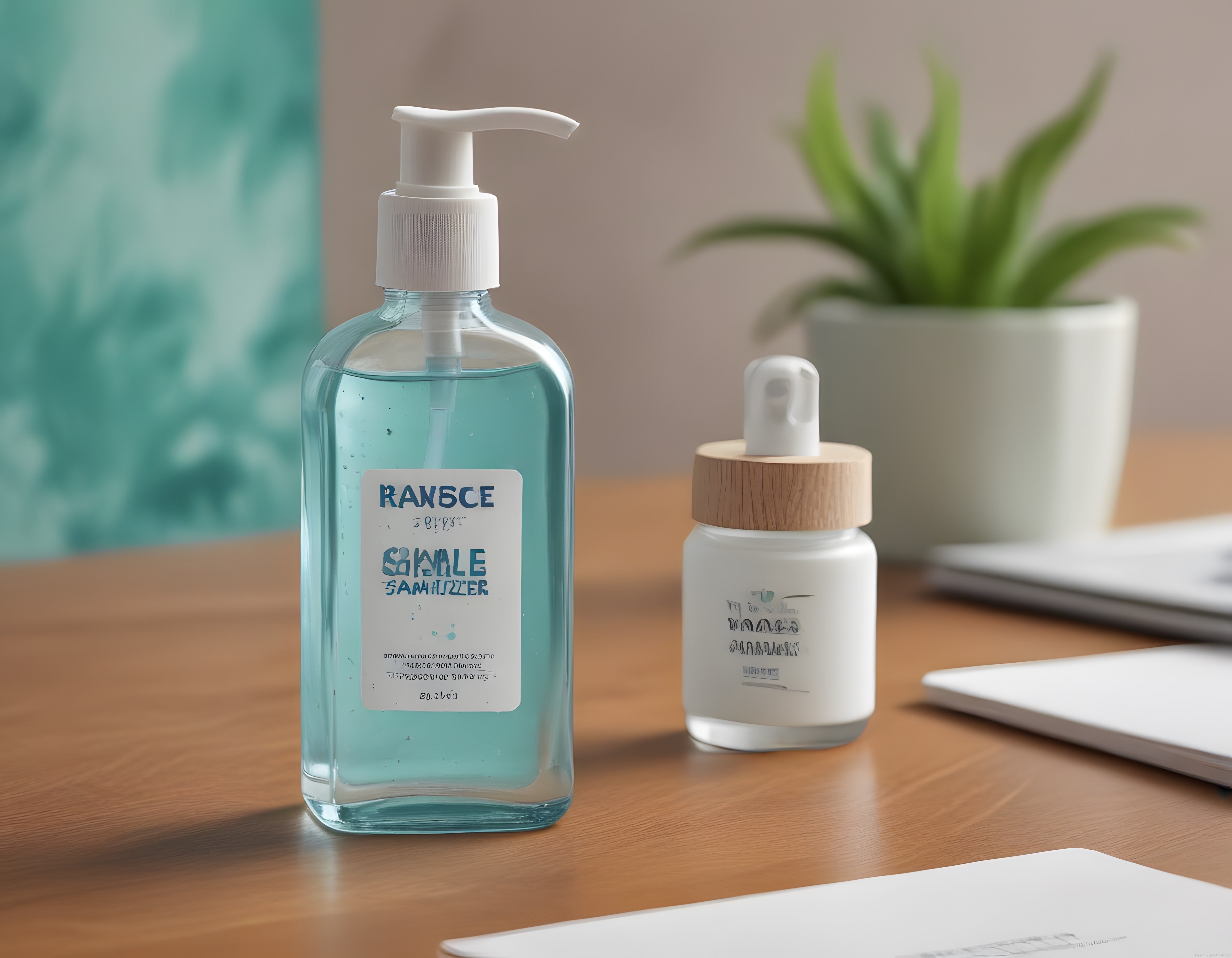 Masaüstünde mavi dezenfektan ve serum şişesi ile sade ürün kompozisyonu