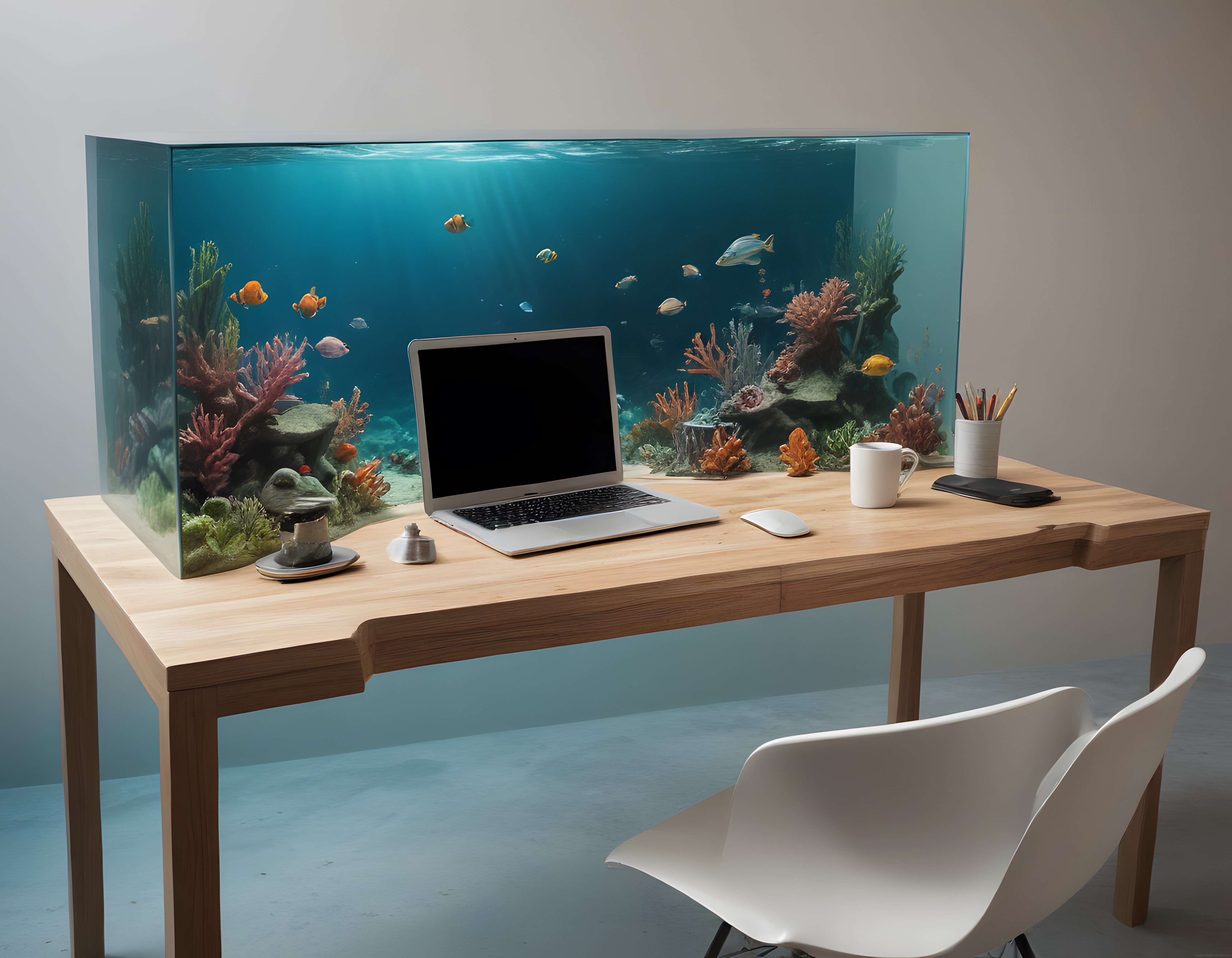 Masaya Entegre Dev Akvaryumlu Modern ve Minimalist Ev Ofis Dekorasyonu