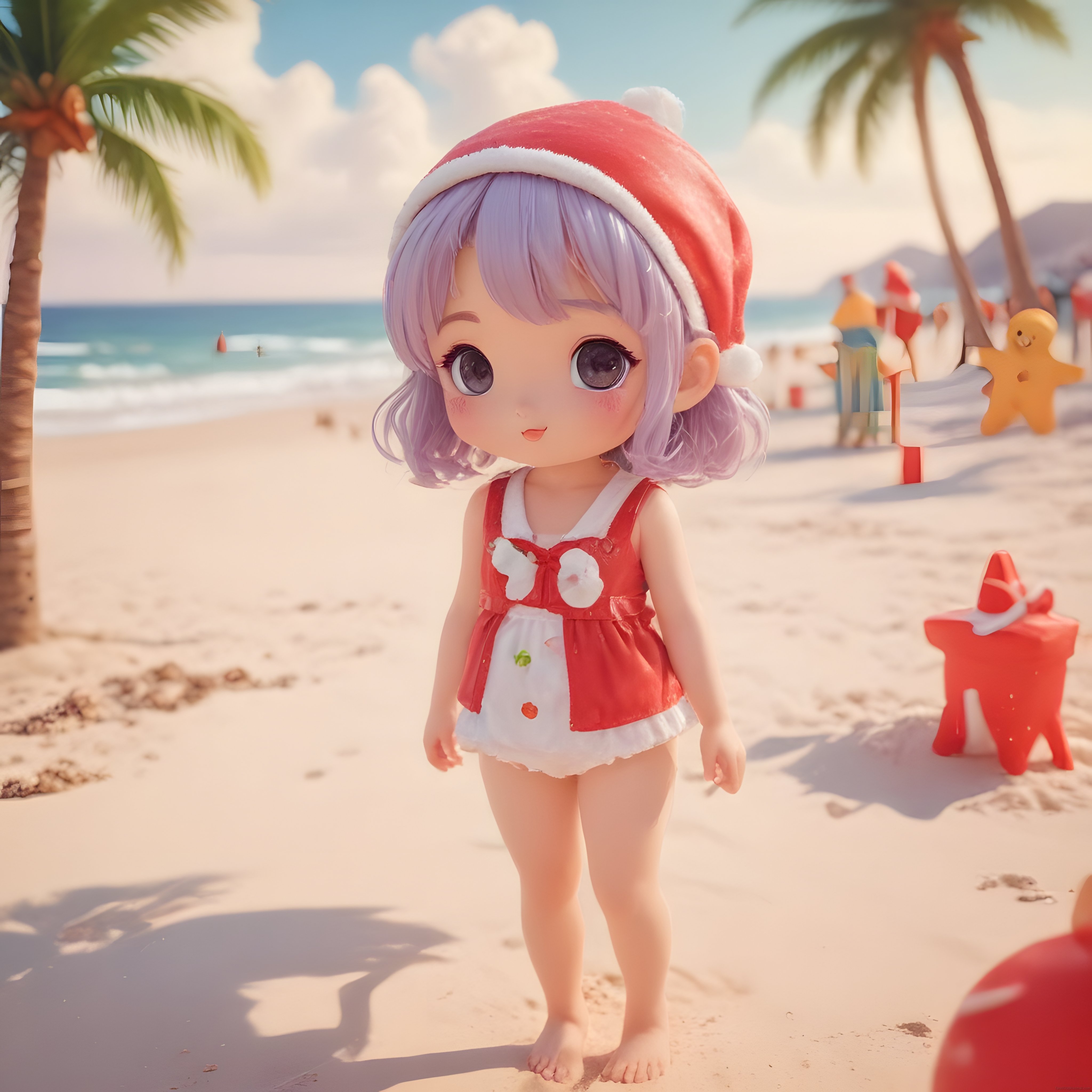 Masmavi Bir Yaz Gününde Noel Temalı Chibi Karakterin Tropikal Plaj Keyfi