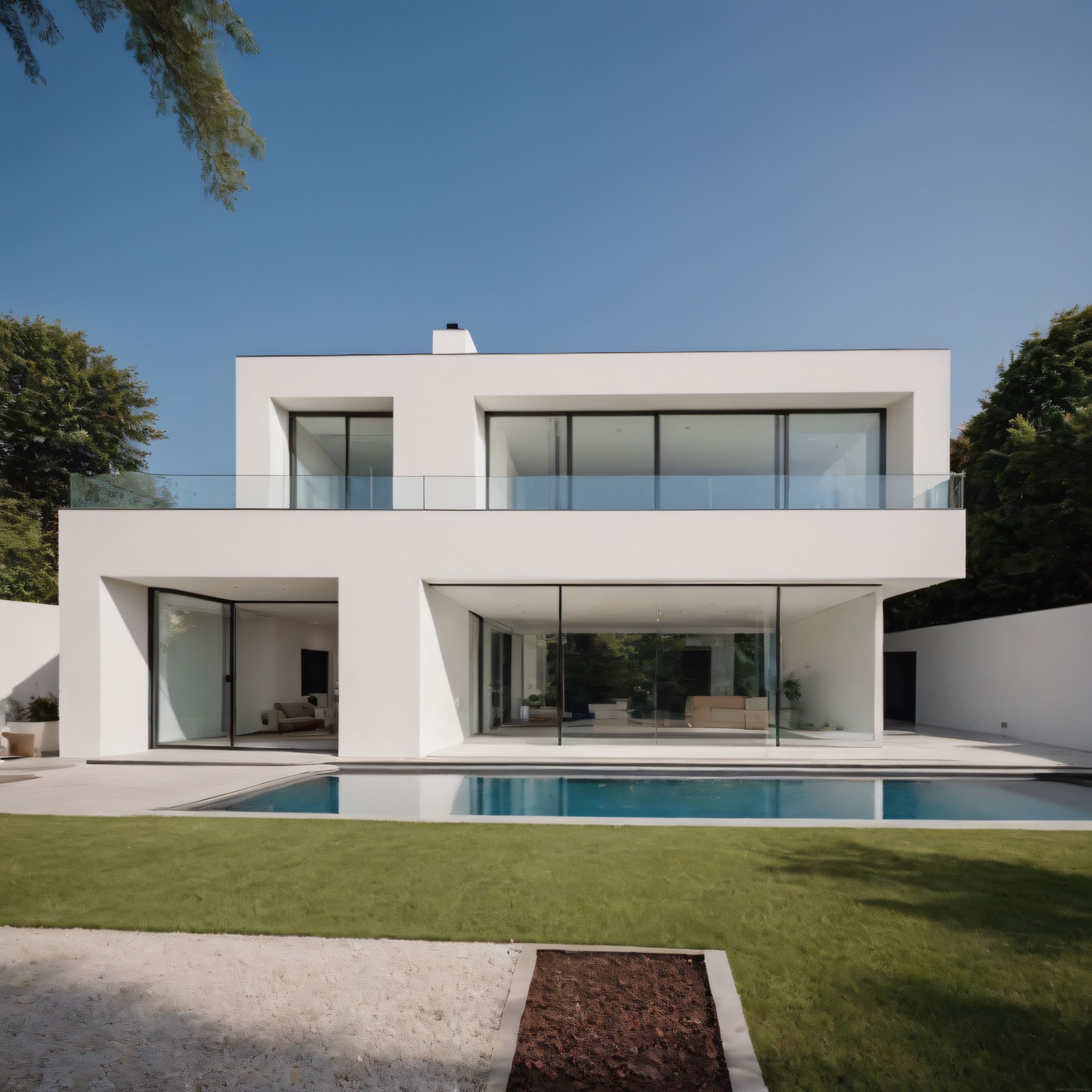 Masmavi Gökyüzü Altında Beyaz Minimalist Villa ve Yüzme Havuzlu Şık Bahçe