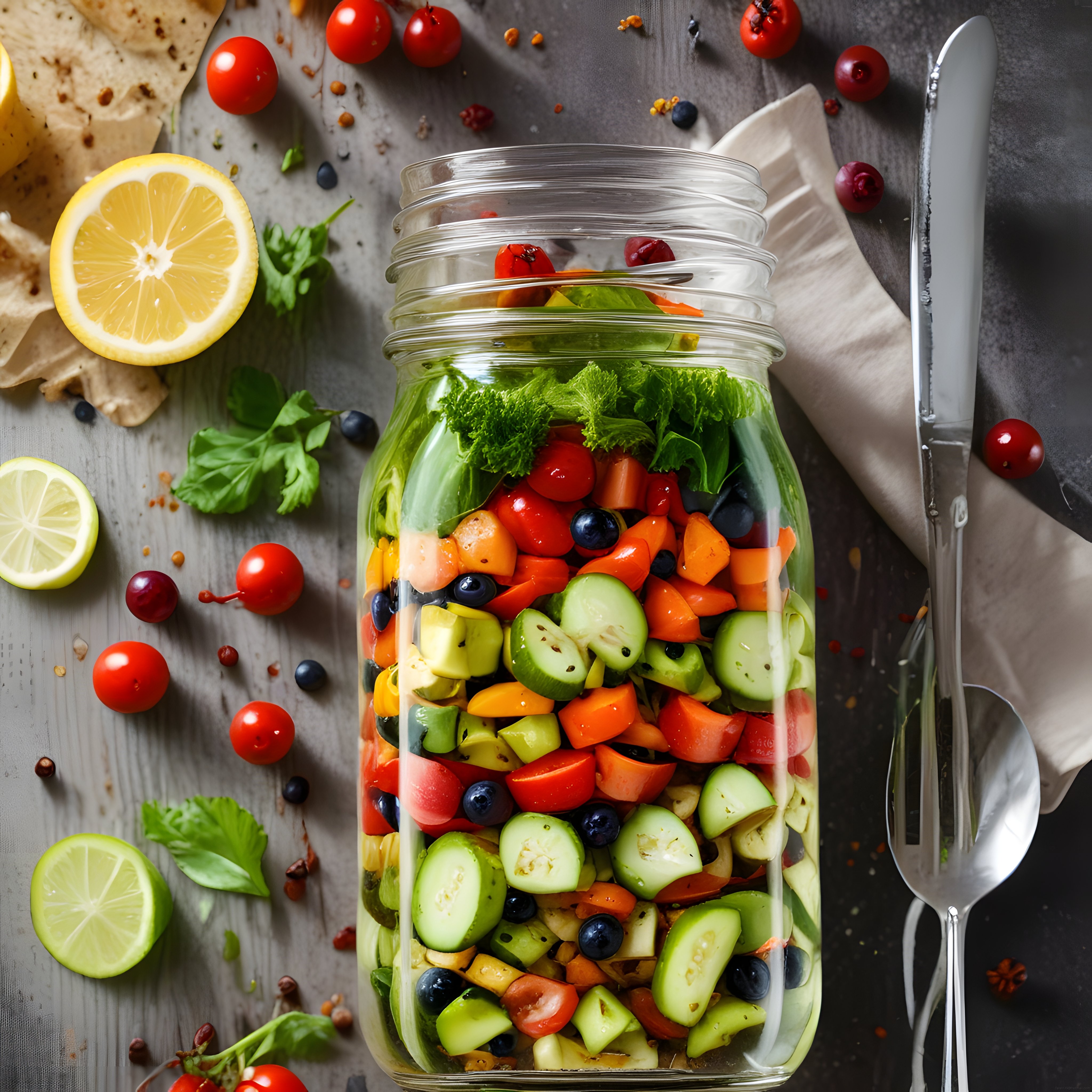 Mason Jar İçinde Renkli Katmanlı Salata ve Taze Sebzelerle Sağlıklı Sunum