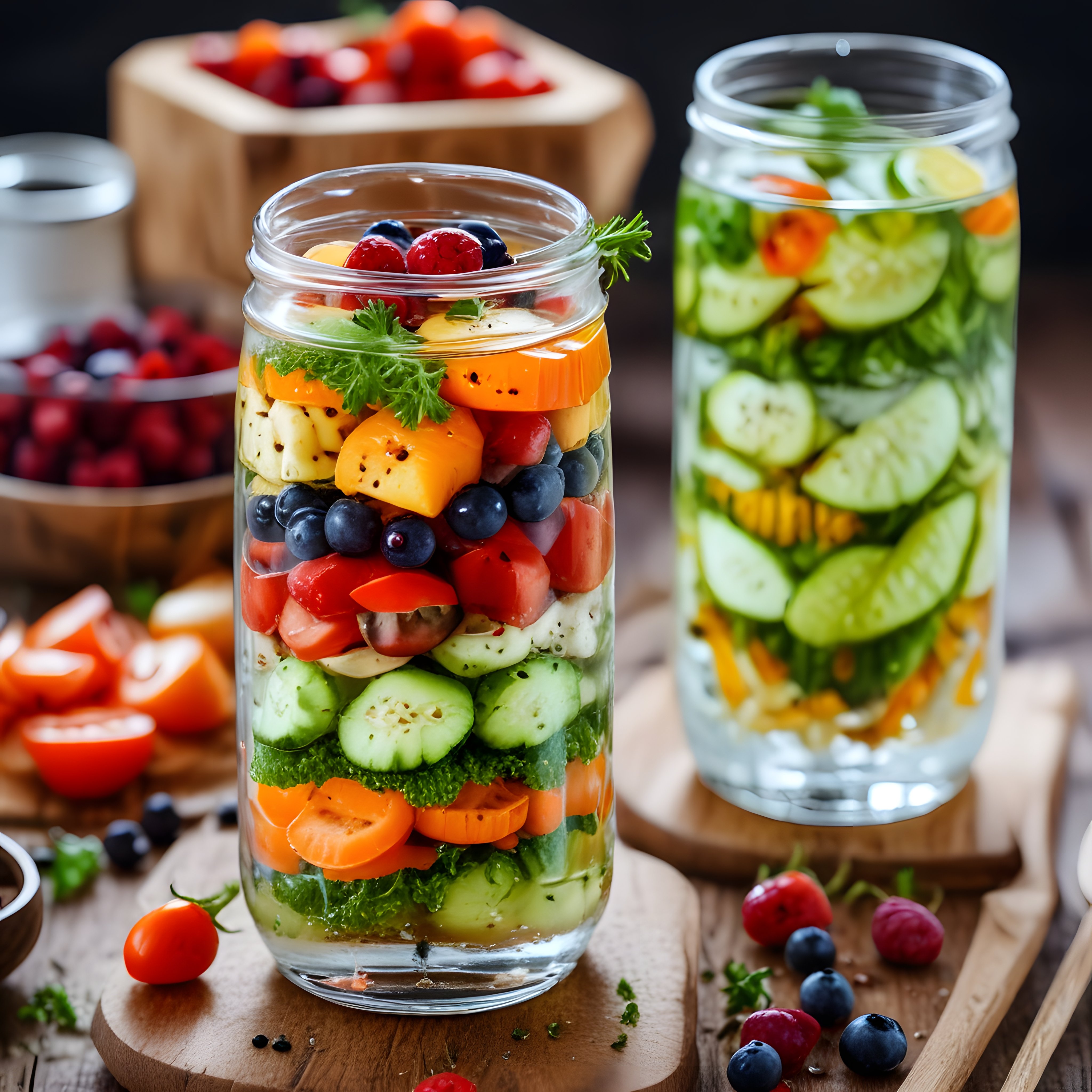 Mason Jarda Renkli Katmanlı Salata ve Taze Sebzeli Detoks Suyu Sunumu