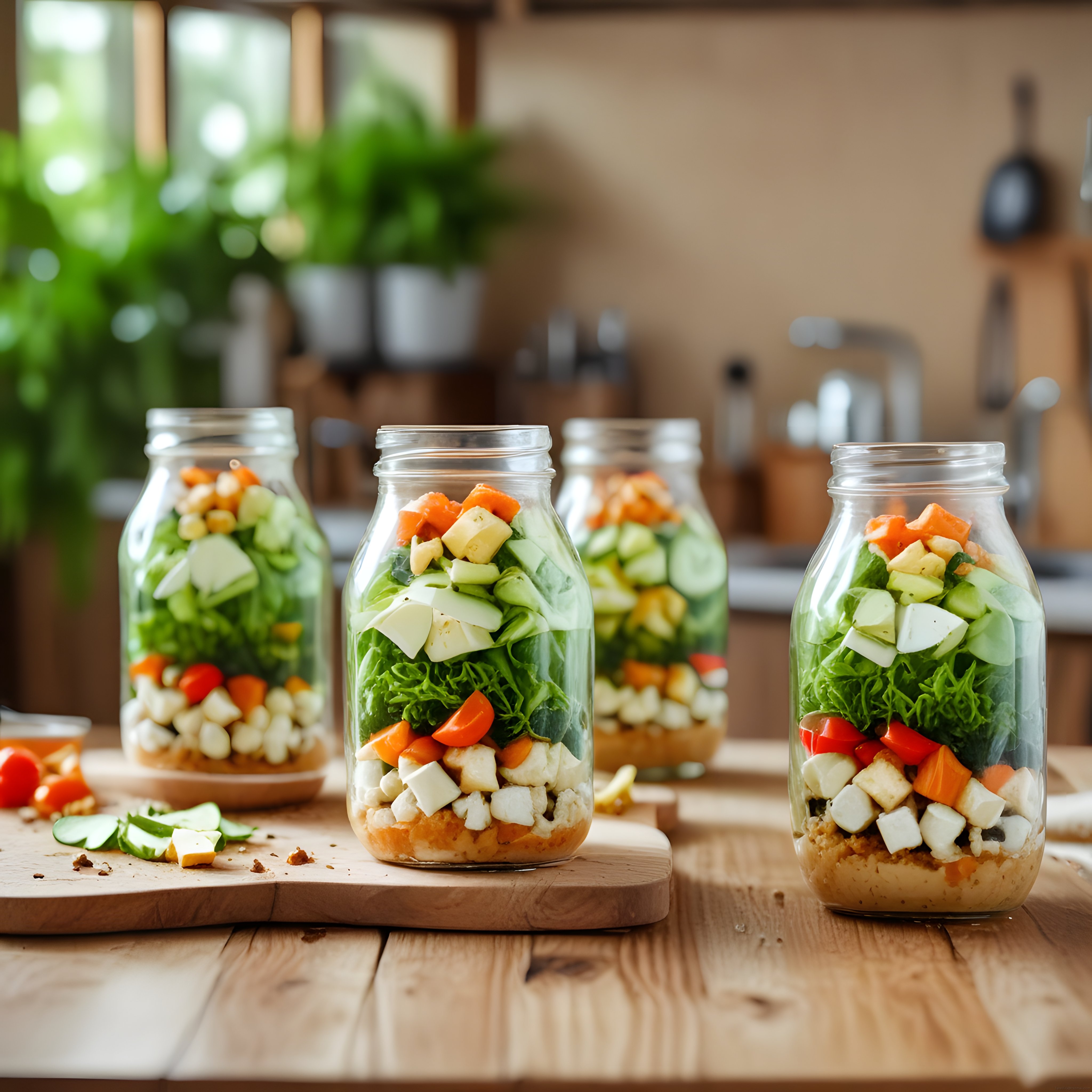 Mason kavanozlarında katmanlı salata: Mutfak tezgahında sağlıklı yemek hazırlığı
