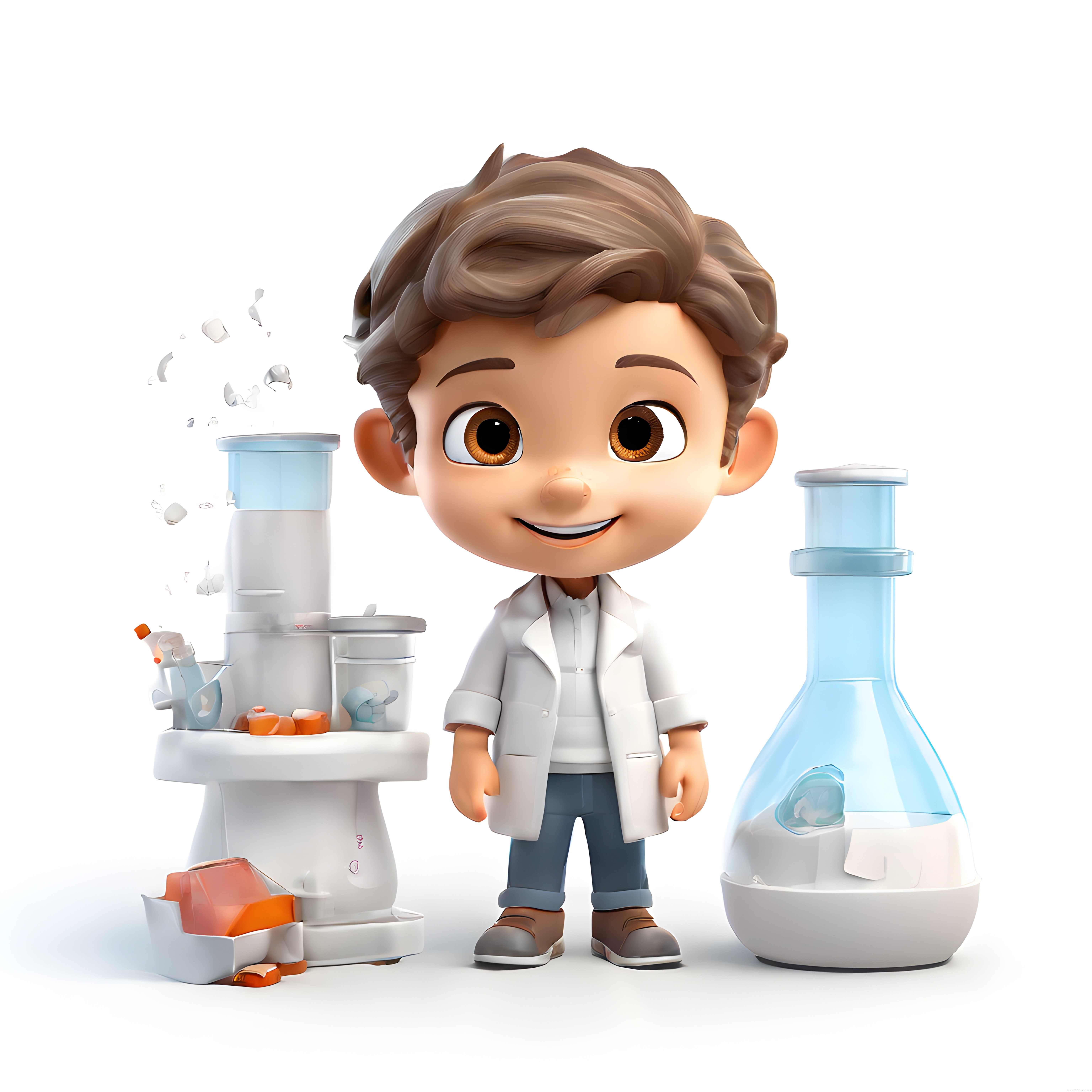 Masum 3D Çocuk Bilimci Karakteri ve Renkli Laboratuvar Ekipmanları