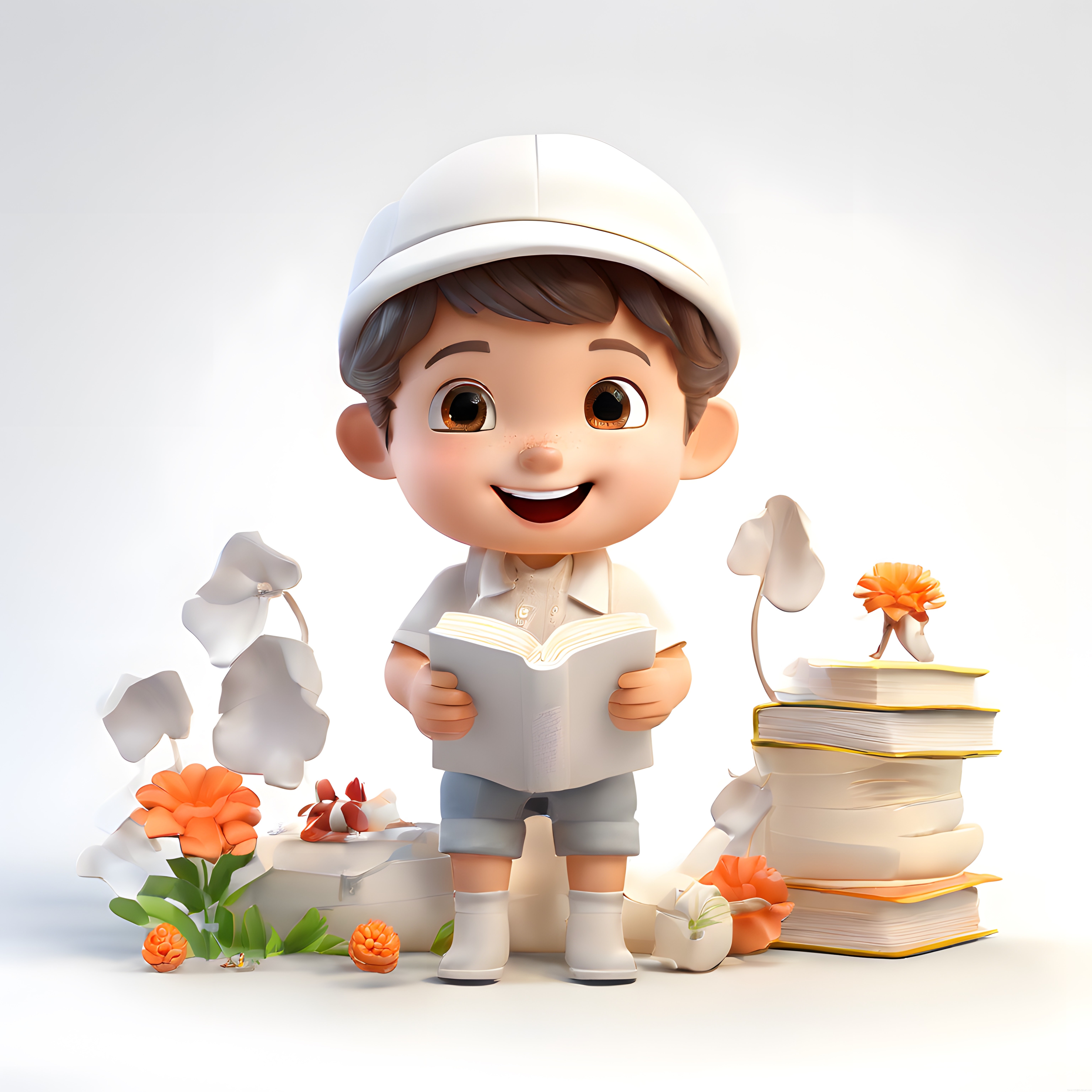 Masum 3D Karakter İnşaatçı Kasklı Çocuk Kitap Okurken ve Çiçekler Arasında