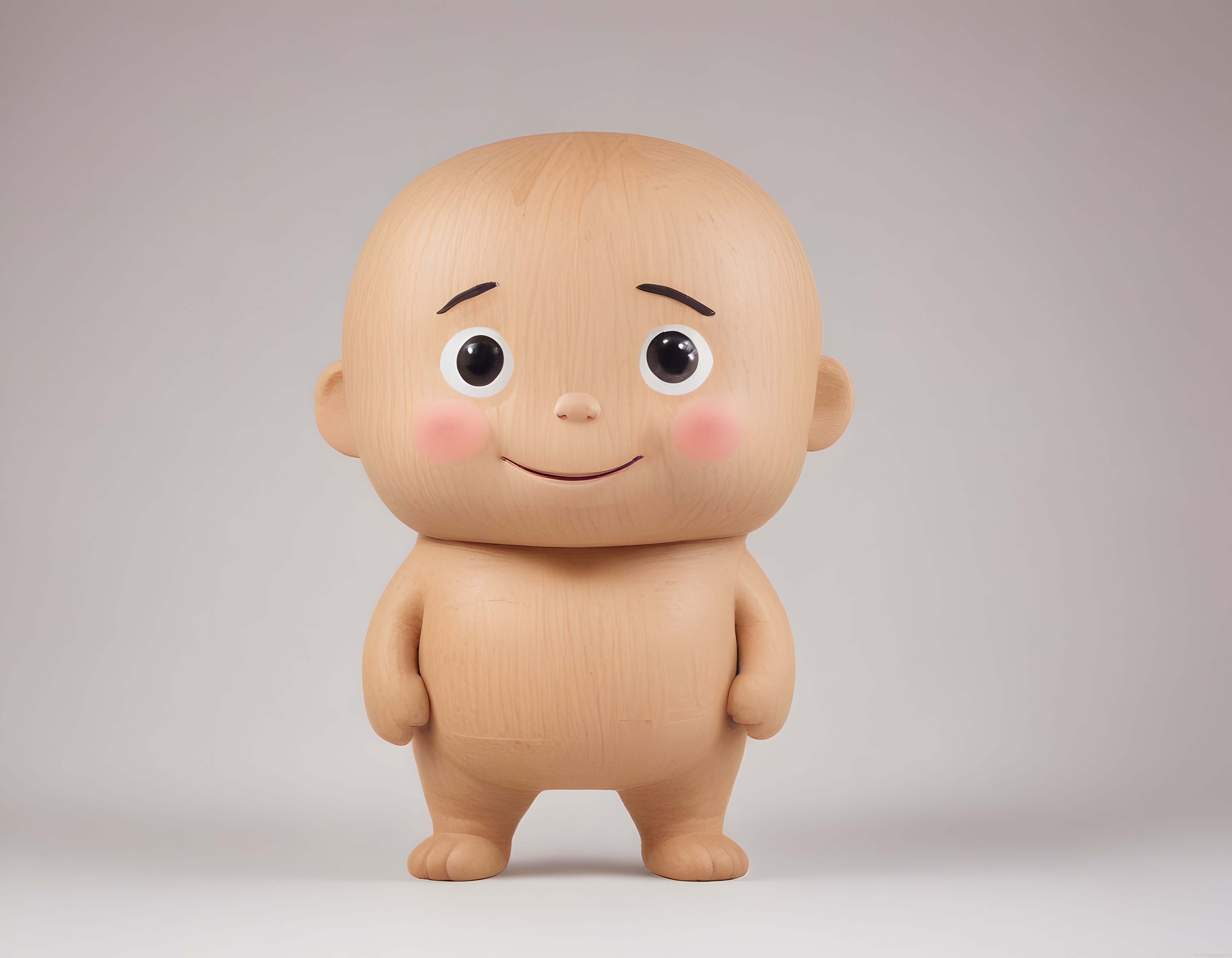 Masum Bakışlı Sevimli Ahşap Bebek Figürü ve Minimal 3D Karakter Tasarımı