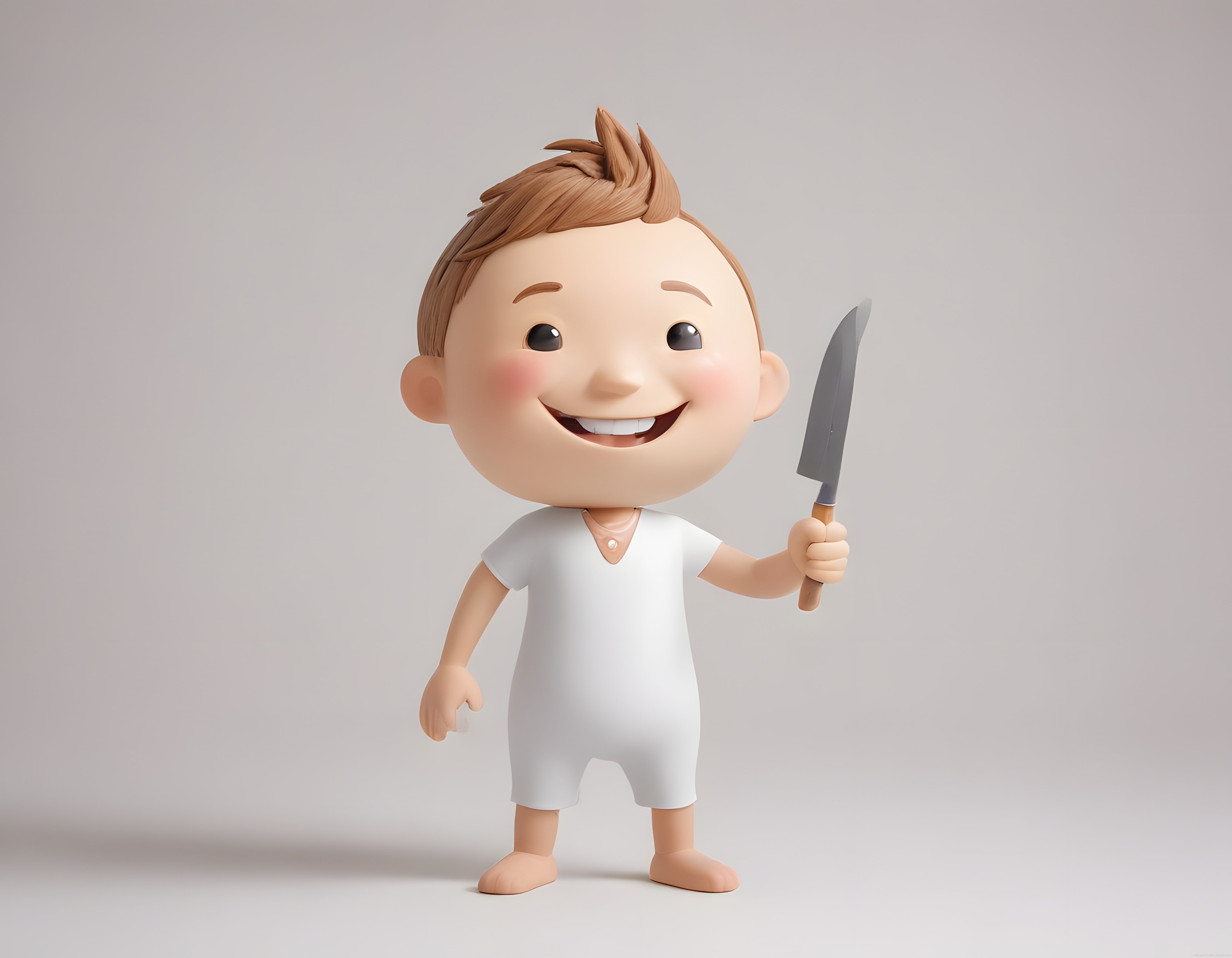 Masum Görünümlü 3D Animasyon Çocuğu Elinde Büyük Bıçakla Gülümsüyor